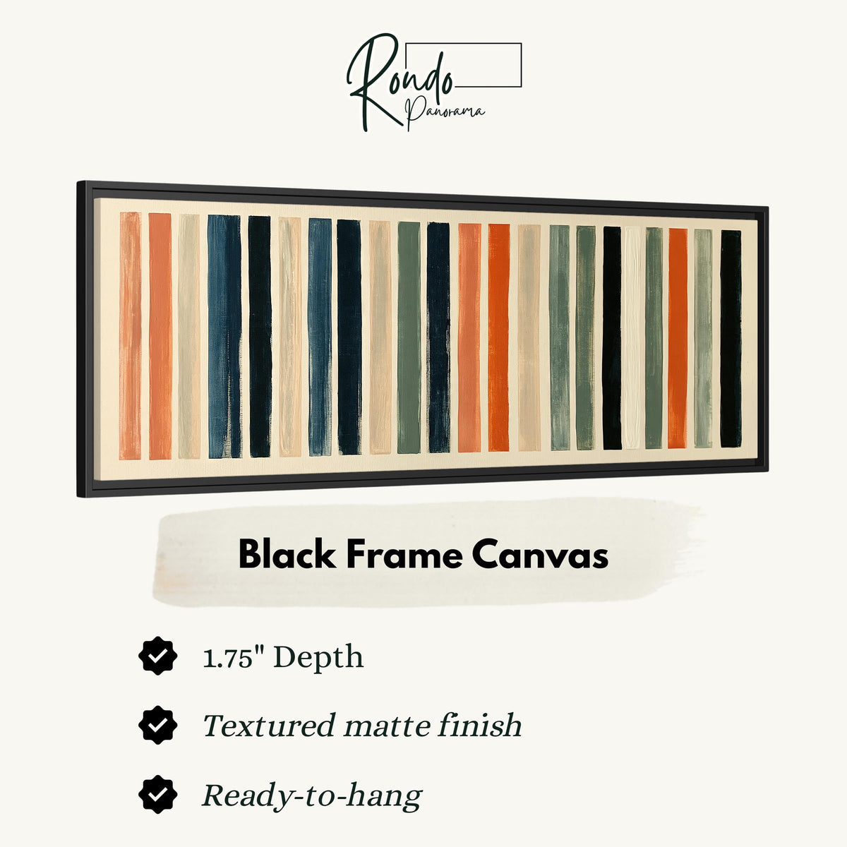 Bold peach, sage and navy stripes canvas print in a black floating frame