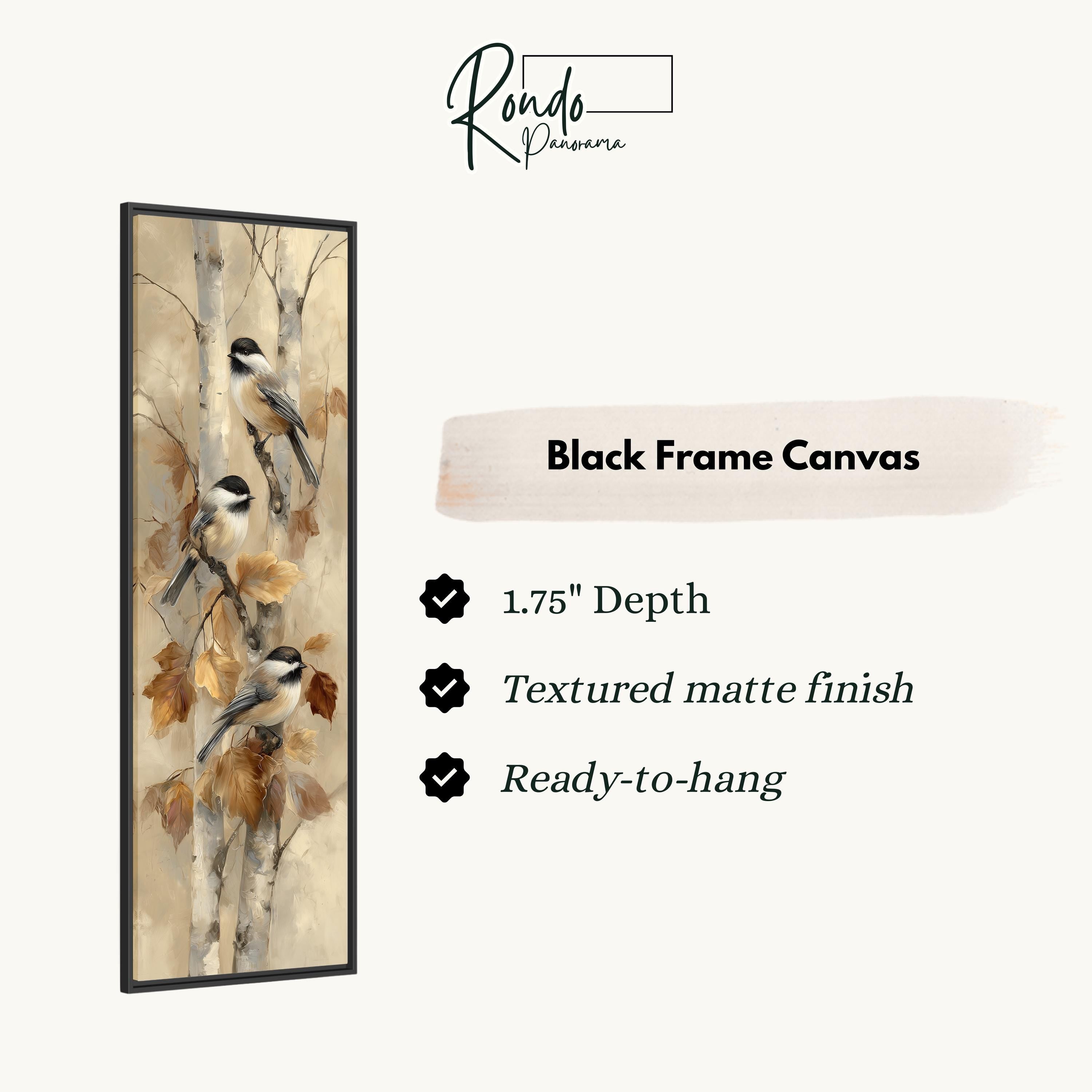 The image is a black frame canvas featuring a painting of three chickadees perched on tree branches with autumn leaves.
