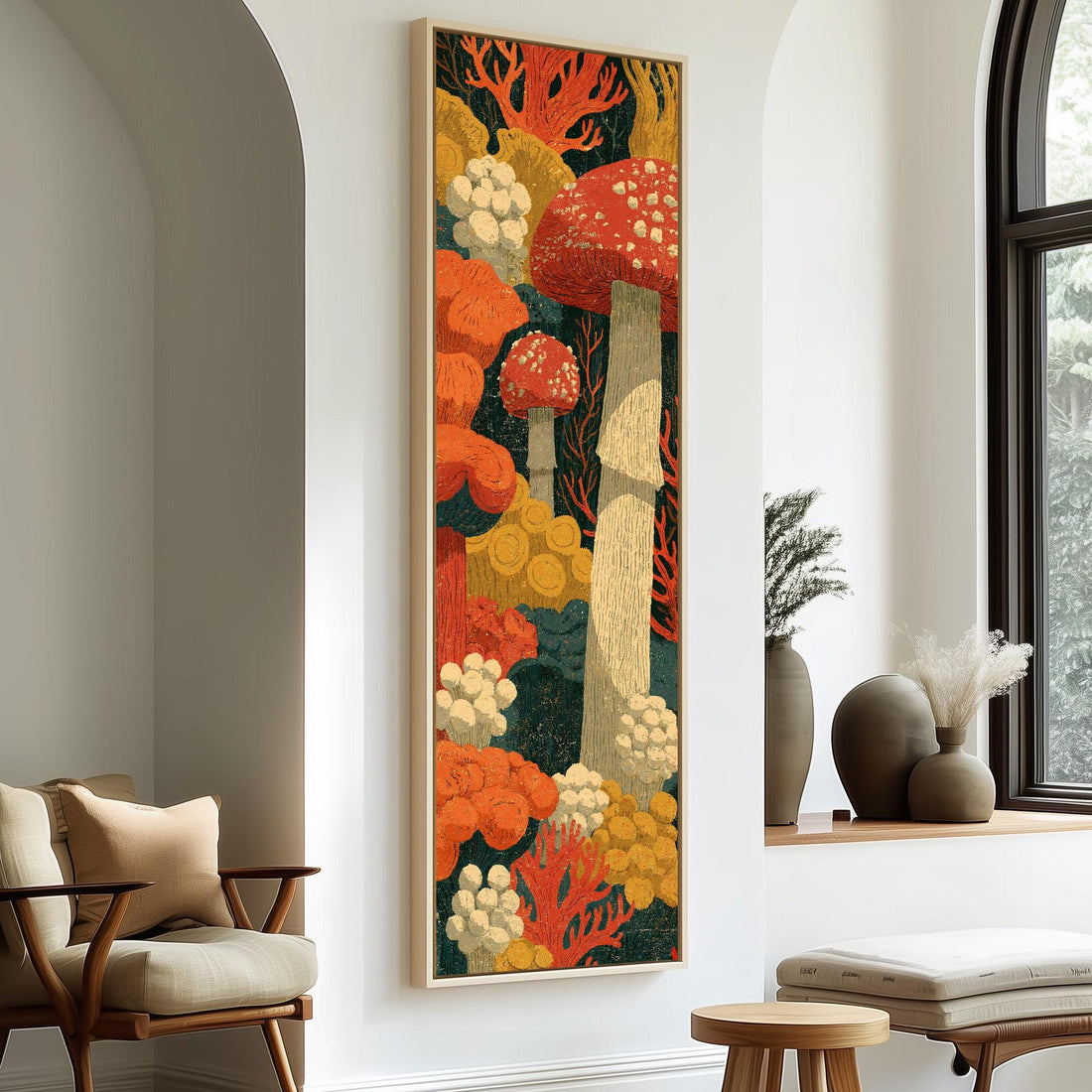 Woodcut style mushroom forest long vertical canvas print in a sunlit living space