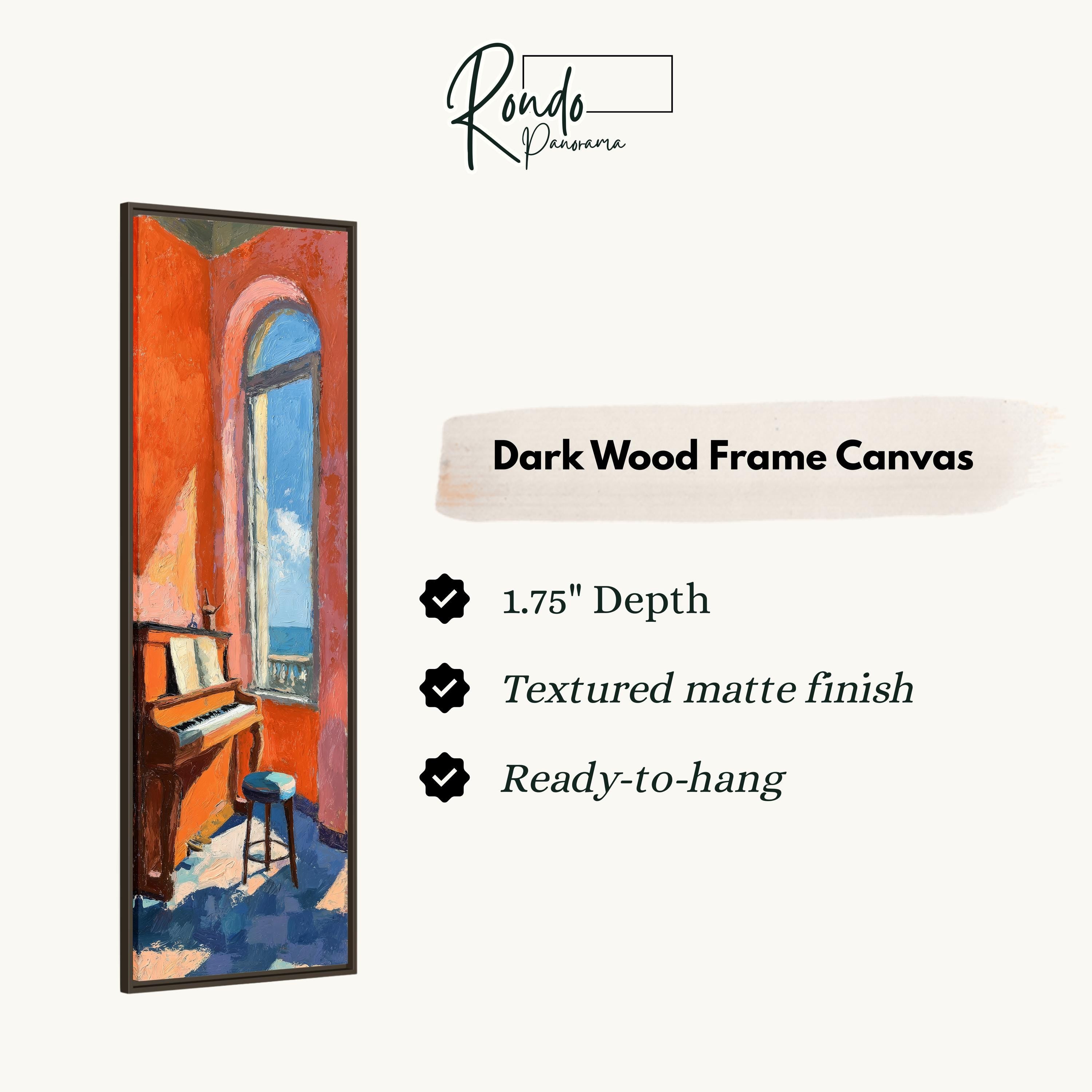 The image is a framed painting of a piano in a room with a window.