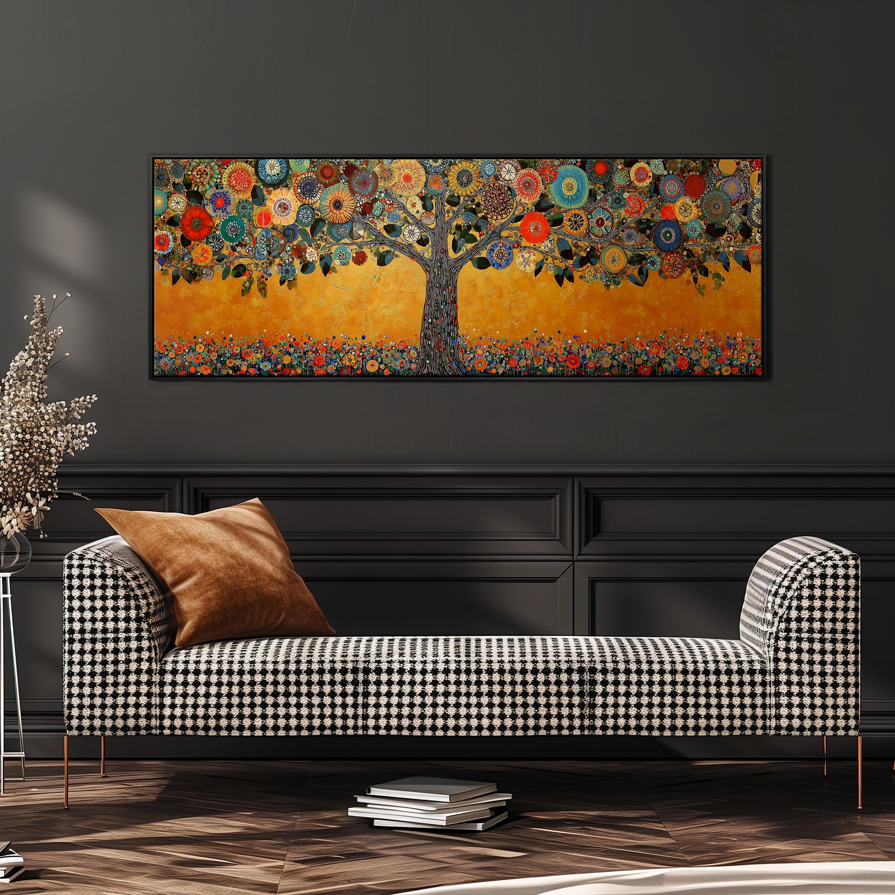 a large, colorful painting of a tree with a vibrant, intricate design of flowers and leaves adorning its branches. The painting is displayed on a wall above a black and white checkered sofa, which is positioned in front of a stack of books. The overall setting appears to be a cozy and inviting living space.