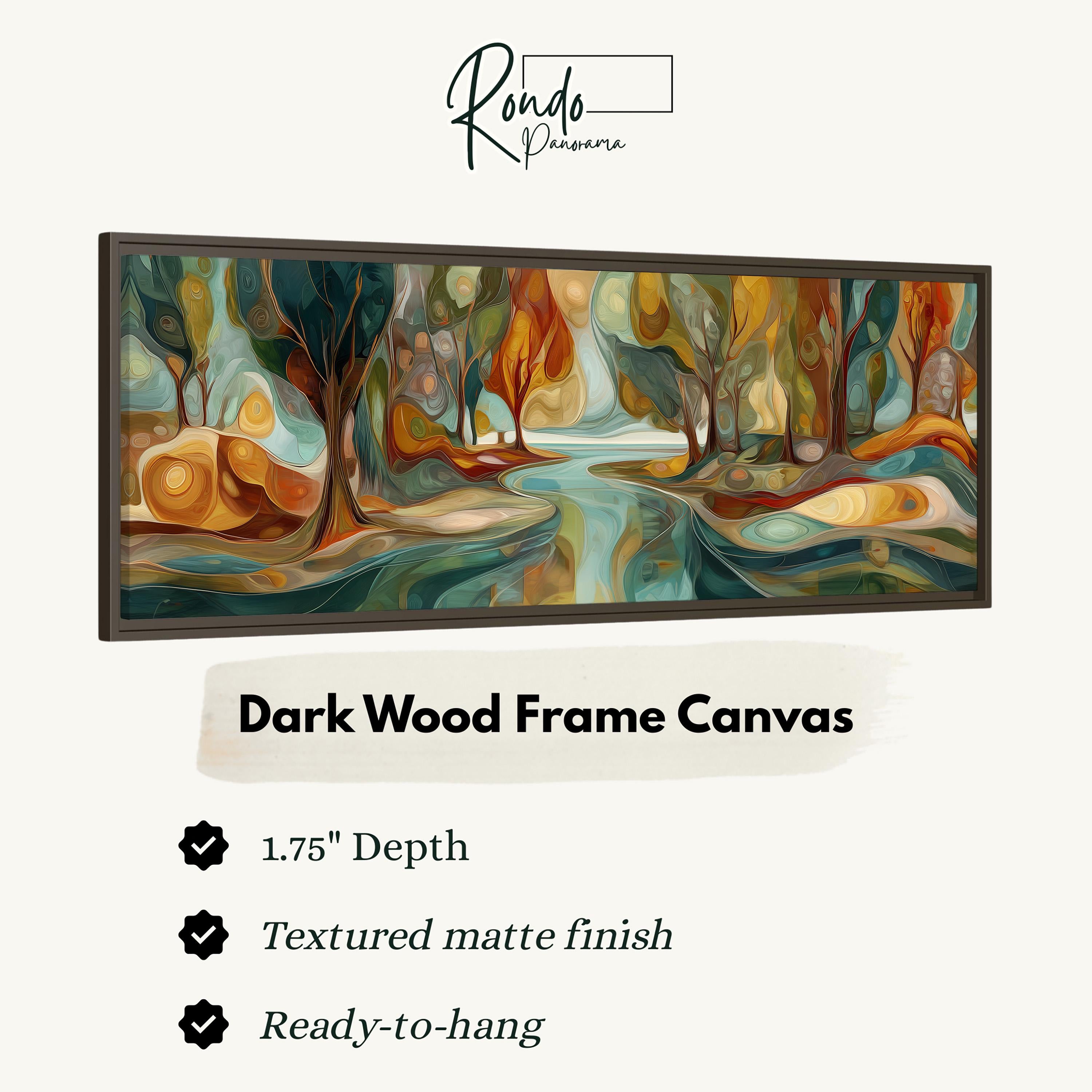 The image is a framed artwork depicting a forest scene with a river flowing through it. The frame is described as a "Dark Wood Frame Canvas" with a 1.75" depth, a textured matte finish, and a ready-to-hang condition.