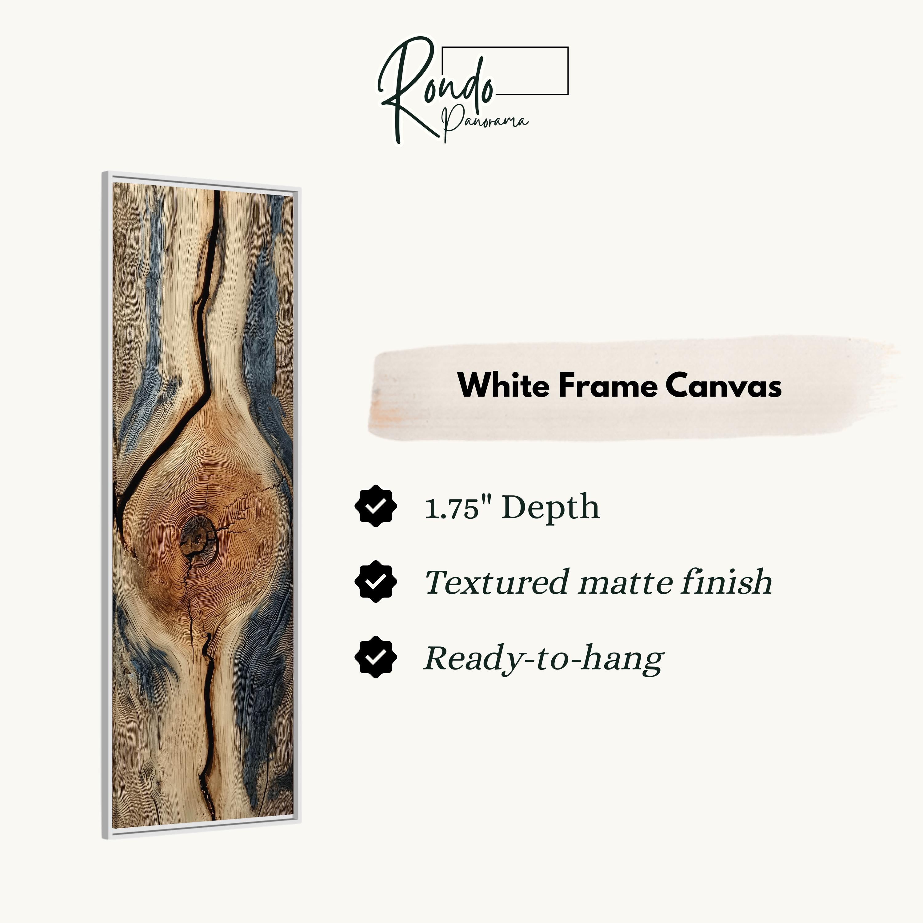 The image is a white frame canvas with a close-up of a tree trunk with a unique knot pattern.