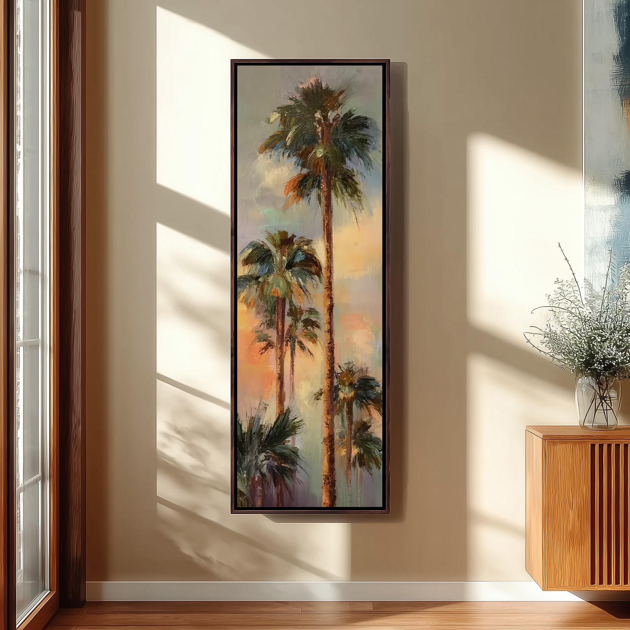 a large framed painting of palm trees hanging on a wall in a room with a wooden cabinet below it.