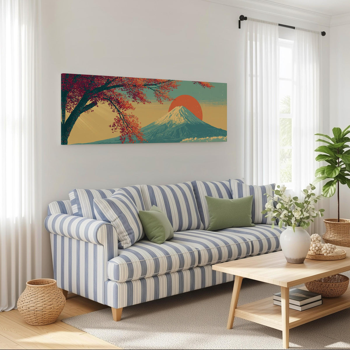Autumn maple branch and Mount Fuji at sunset long horizontal canvas print above a striped sofa in a coastal living room