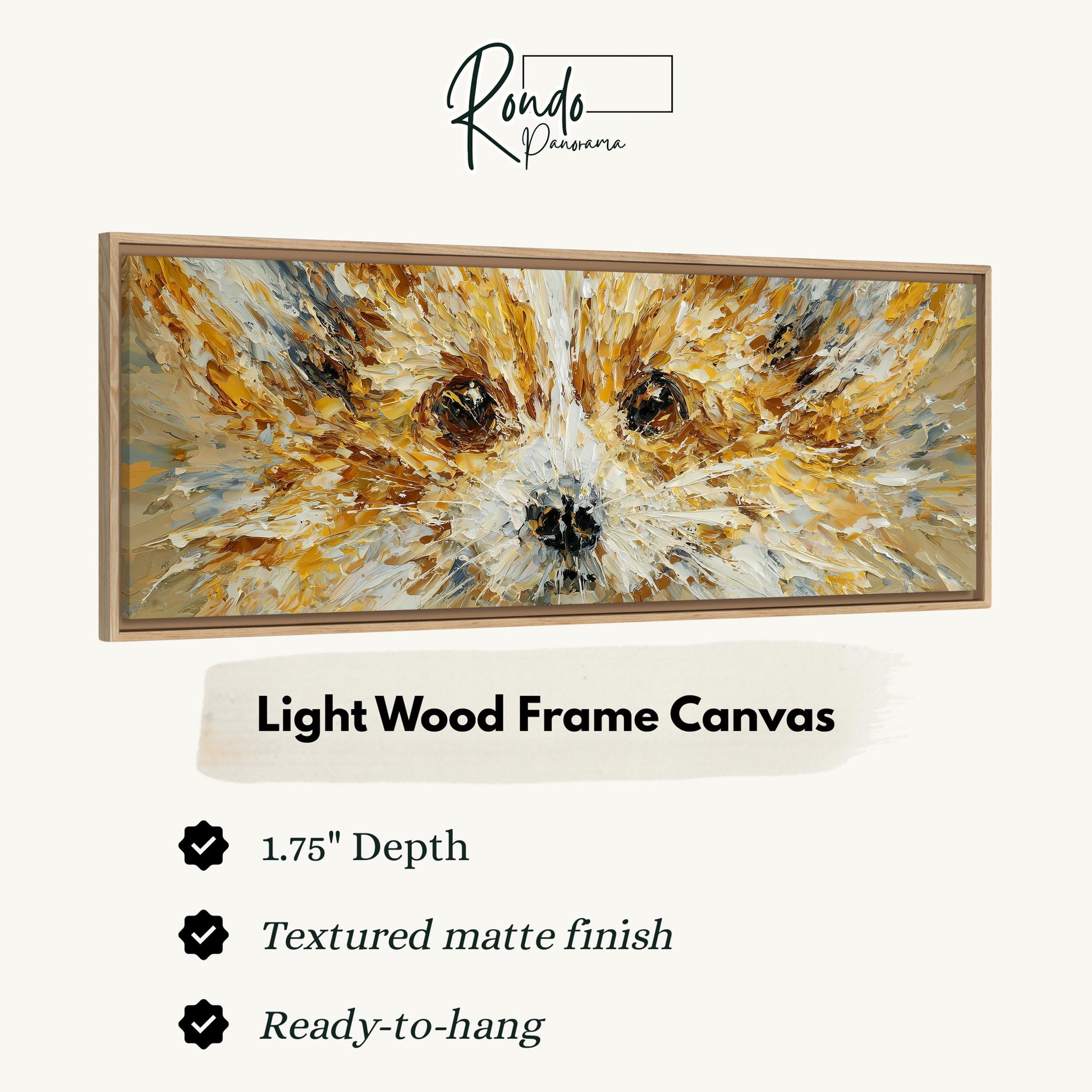 The image is a close-up of a painting of a dog's face, with a light wood frame.