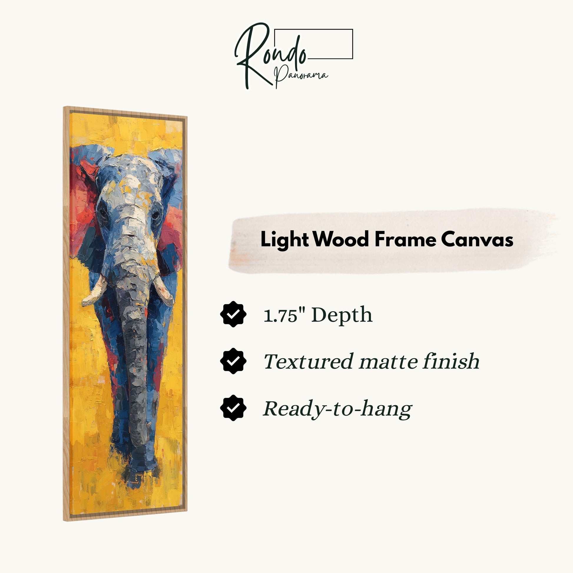 The image is a rectangular painting of an elephant, with a light wood frame. The painting is described as having a 1.75" depth, a textured matte finish, and is ready to hang.