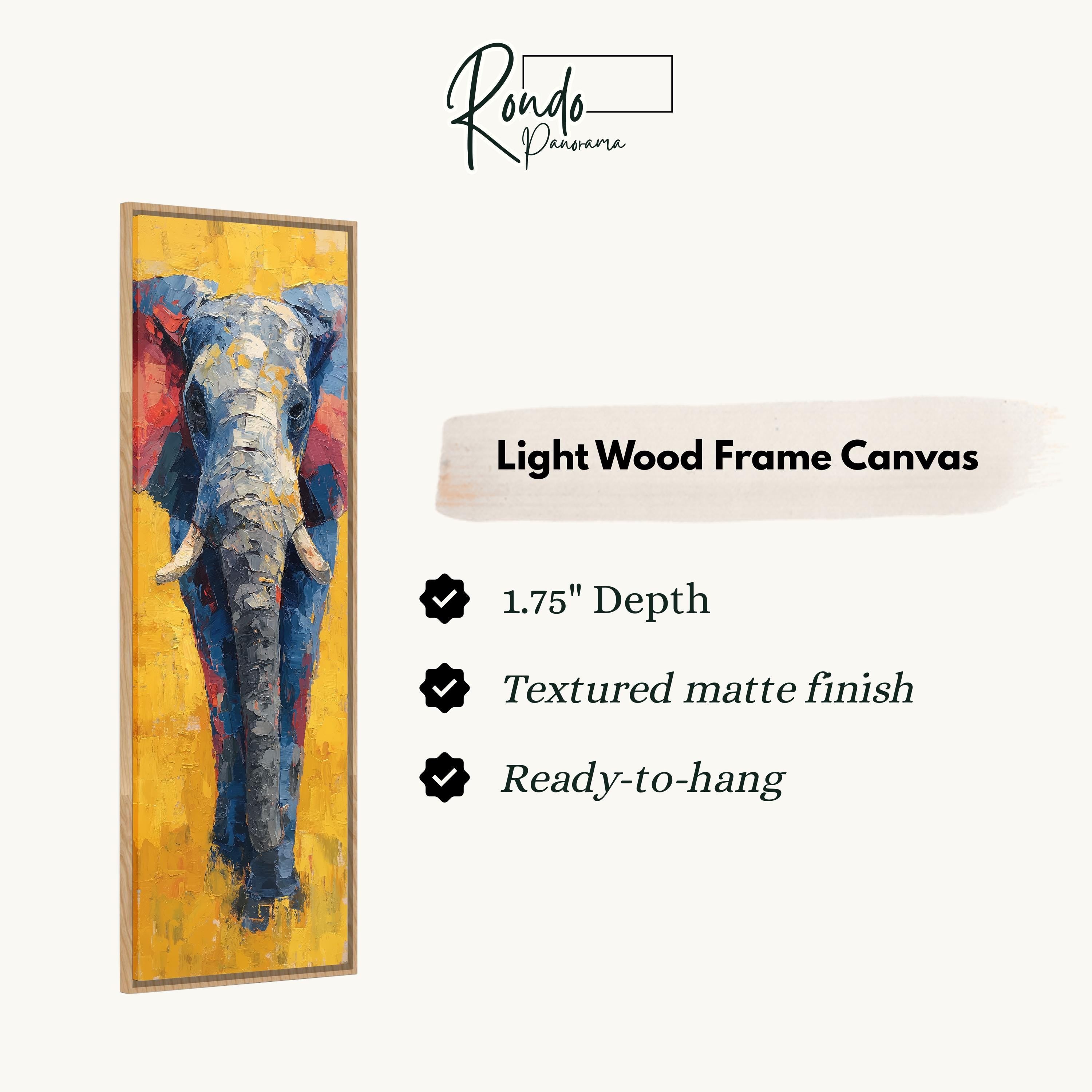 The image is a rectangular painting of an elephant, with a light wood frame. The painting is described as having a 1.75" depth, a textured matte finish, and is ready to hang.
