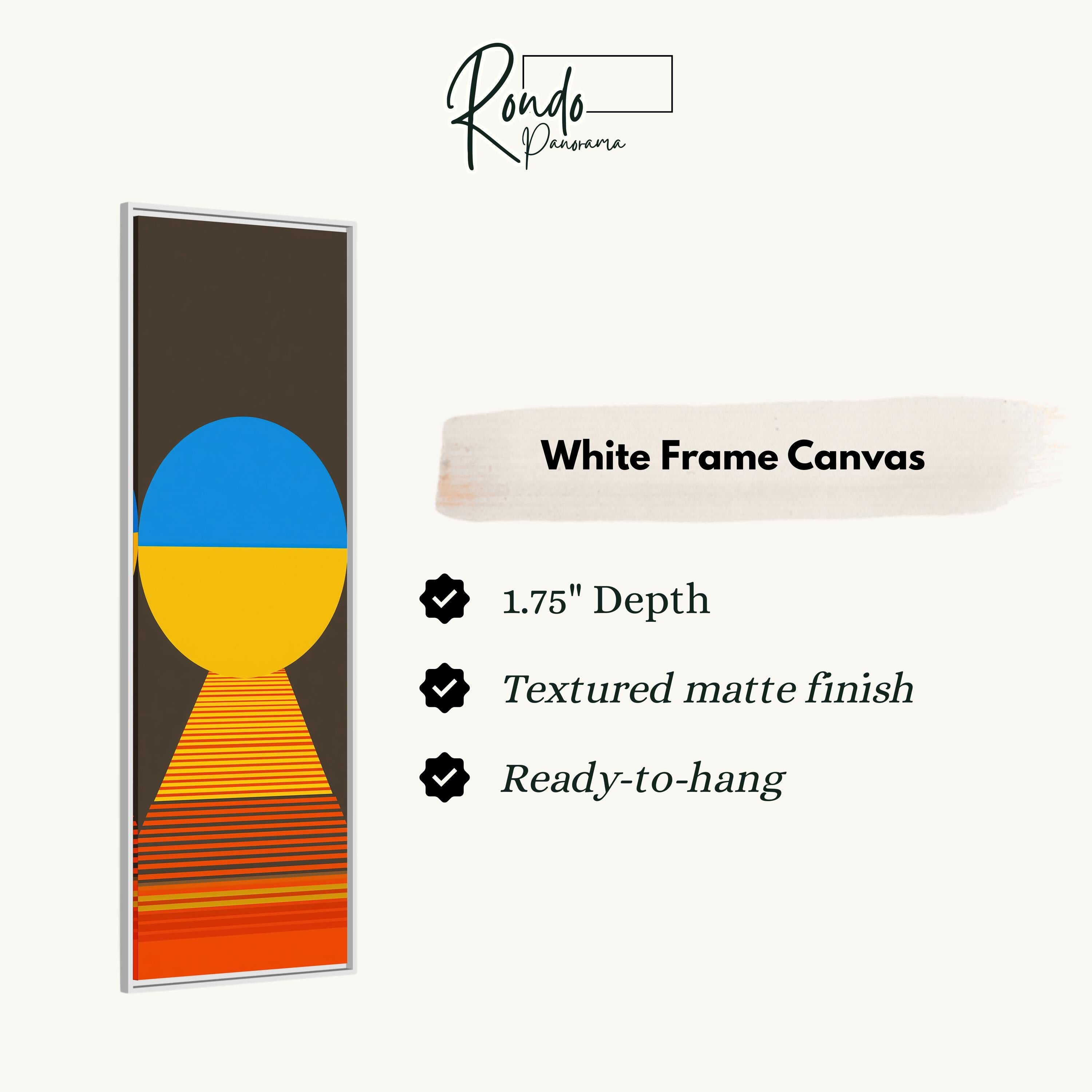 The image is a white frame canvas with a geometric design featuring a blue circle and a yellow circle on a brown background.