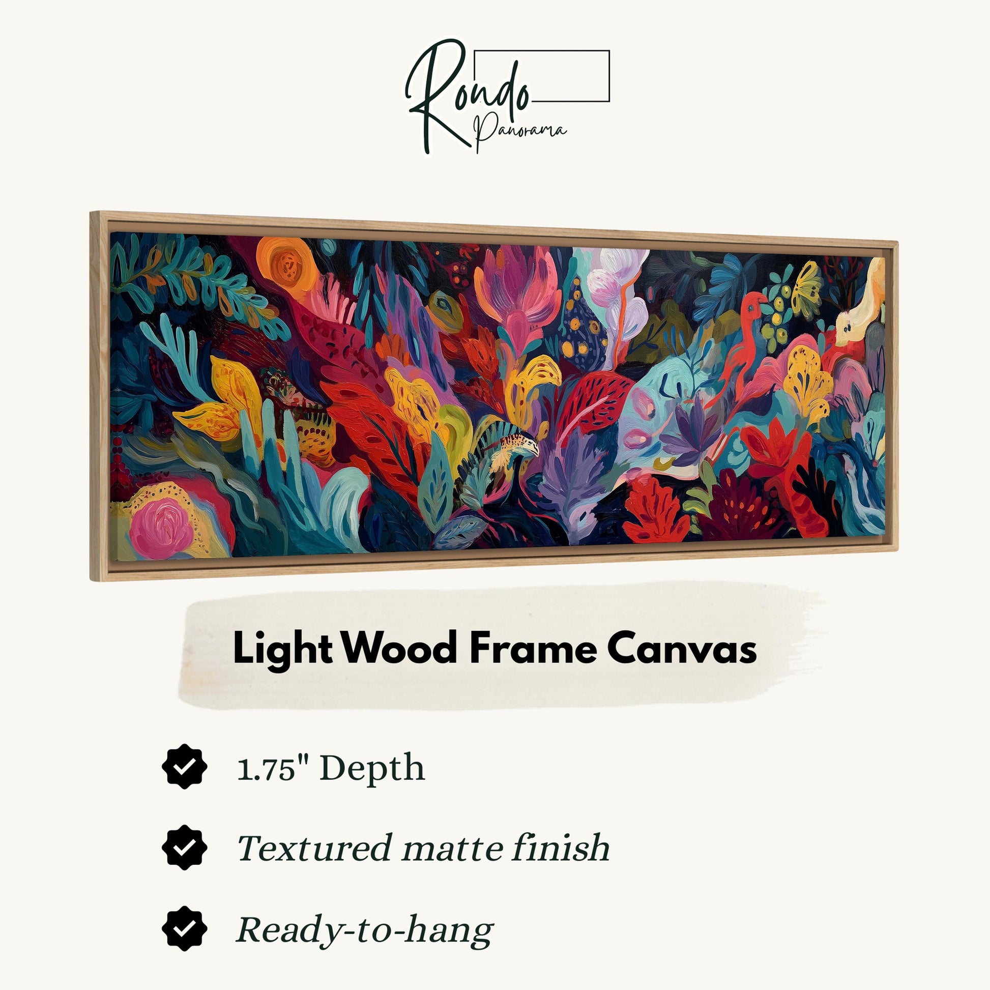 The image is a framed artwork depicting a vibrant, colorful floral and leafy scene.