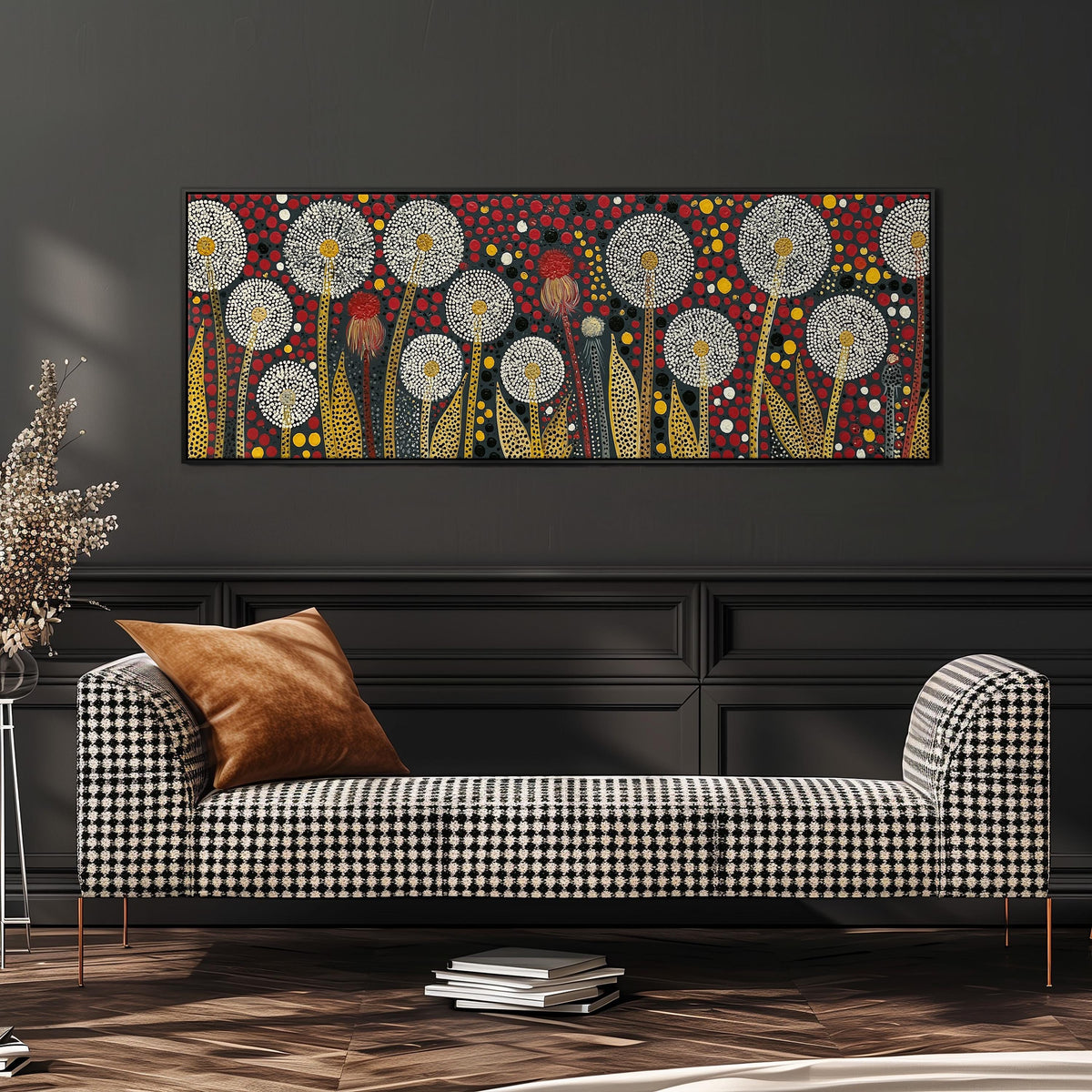 Dotted dandelions on deep red wide panoramic canvas print above a bench in a dark living room