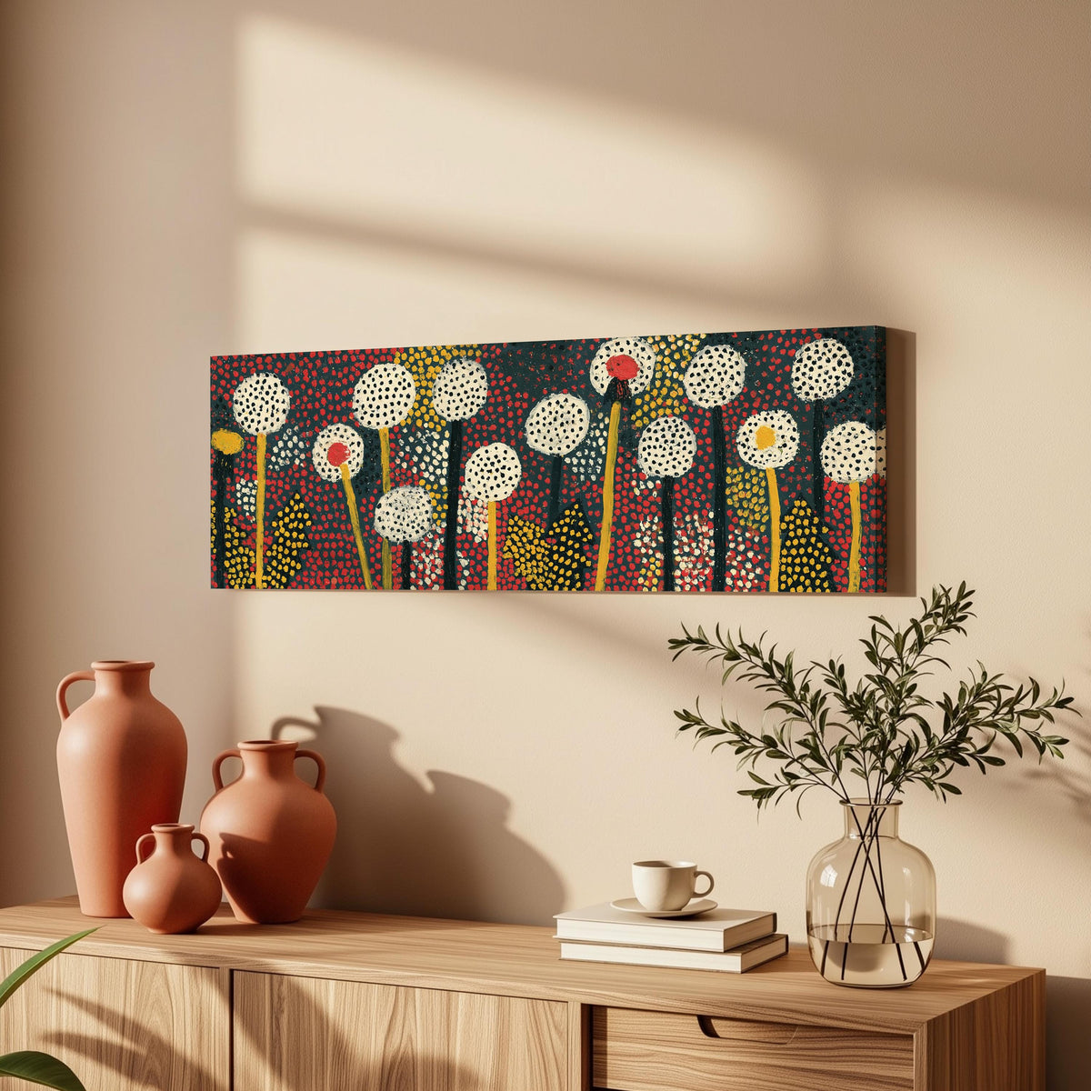 Dotted dandelion meadow long horizontal canvas print above a wooden sideboard