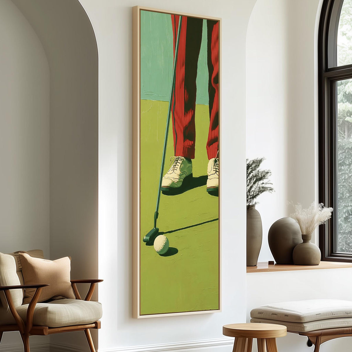 Golfer in red trousers lining up a putt tall skinny canvas print in a sunlit living space