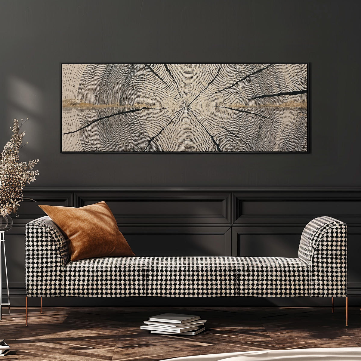 Pale gold wood ring wide panoramic canvas print above a bench in a dark living room