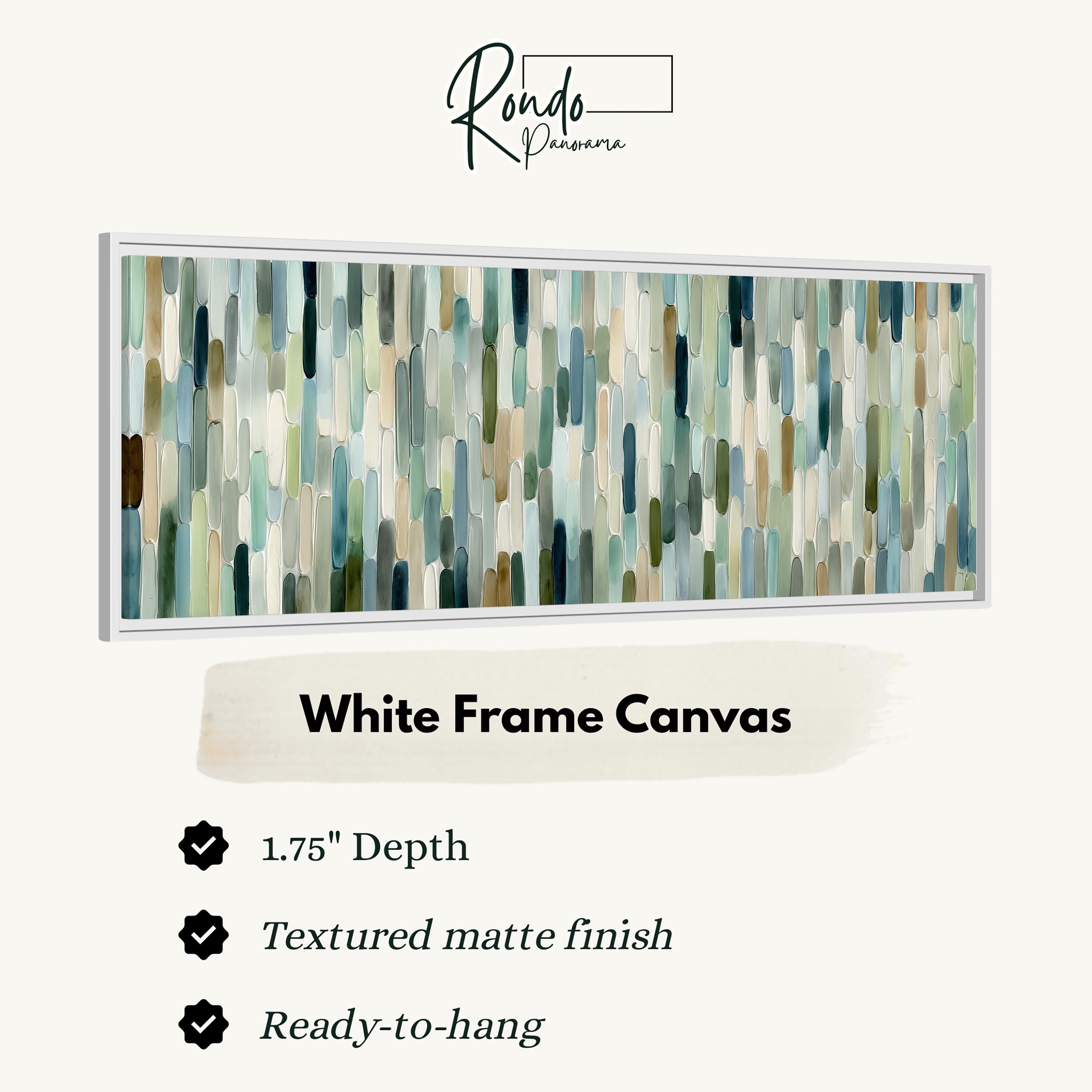 The image is a product description for a white frame canvas. It features a 1.75" depth, a textured matte finish, and is ready-to-hang.