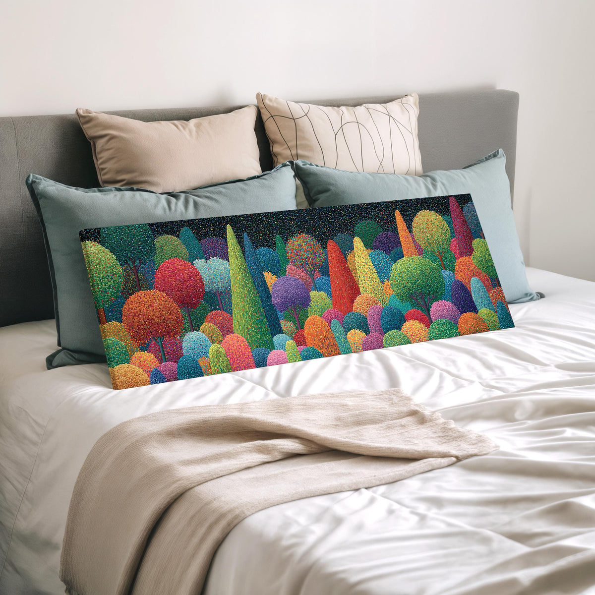 Whimsical rainbow pointillist forest wide panoramic canvas print laid on a bed to show its size