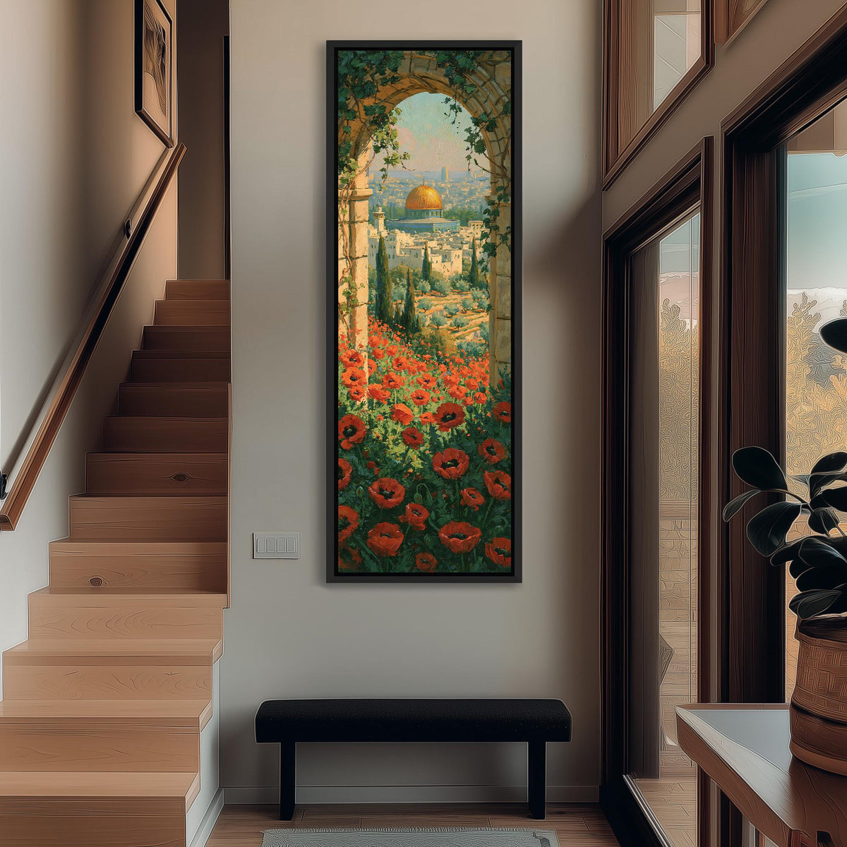 Jerusalem seen through an arch above red poppies tall narrow canvas print beside a staircase in an entryway