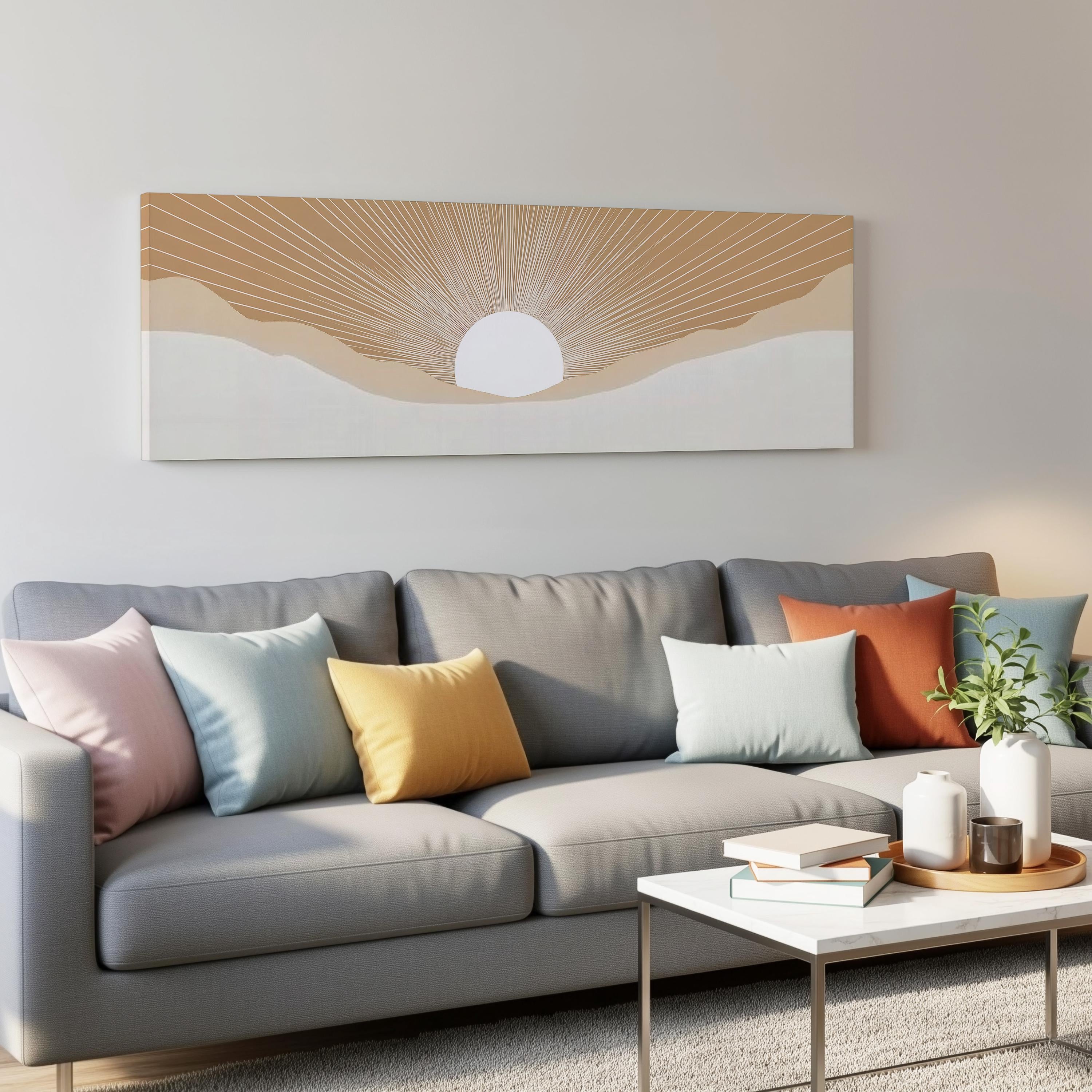 a modern living room with a gray sofa adorned with colorful throw pillows, a white coffee table, and a large abstract painting hanging on the wall above the sofa.