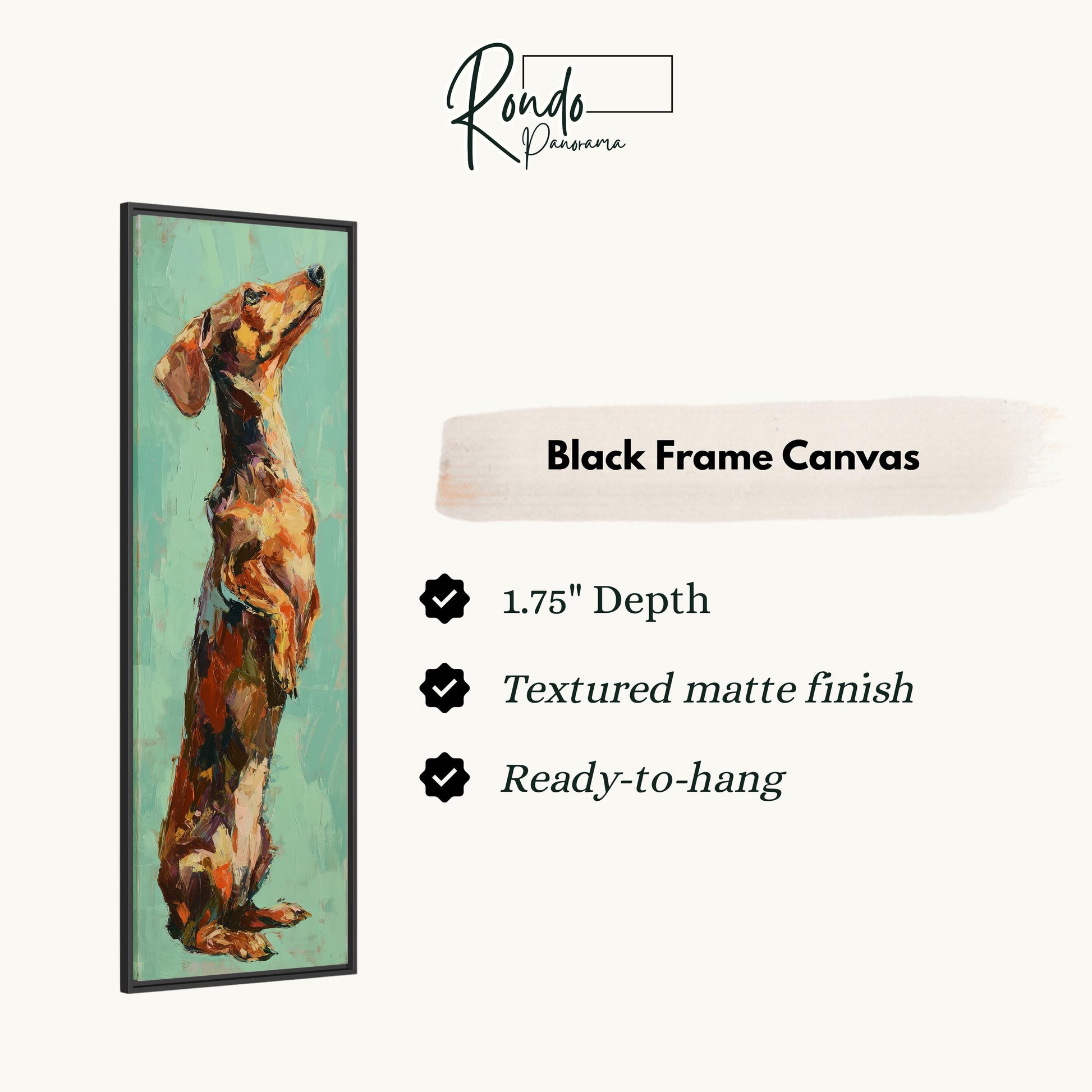 The image is a black frame canvas featuring a painting of a dachshund dog.