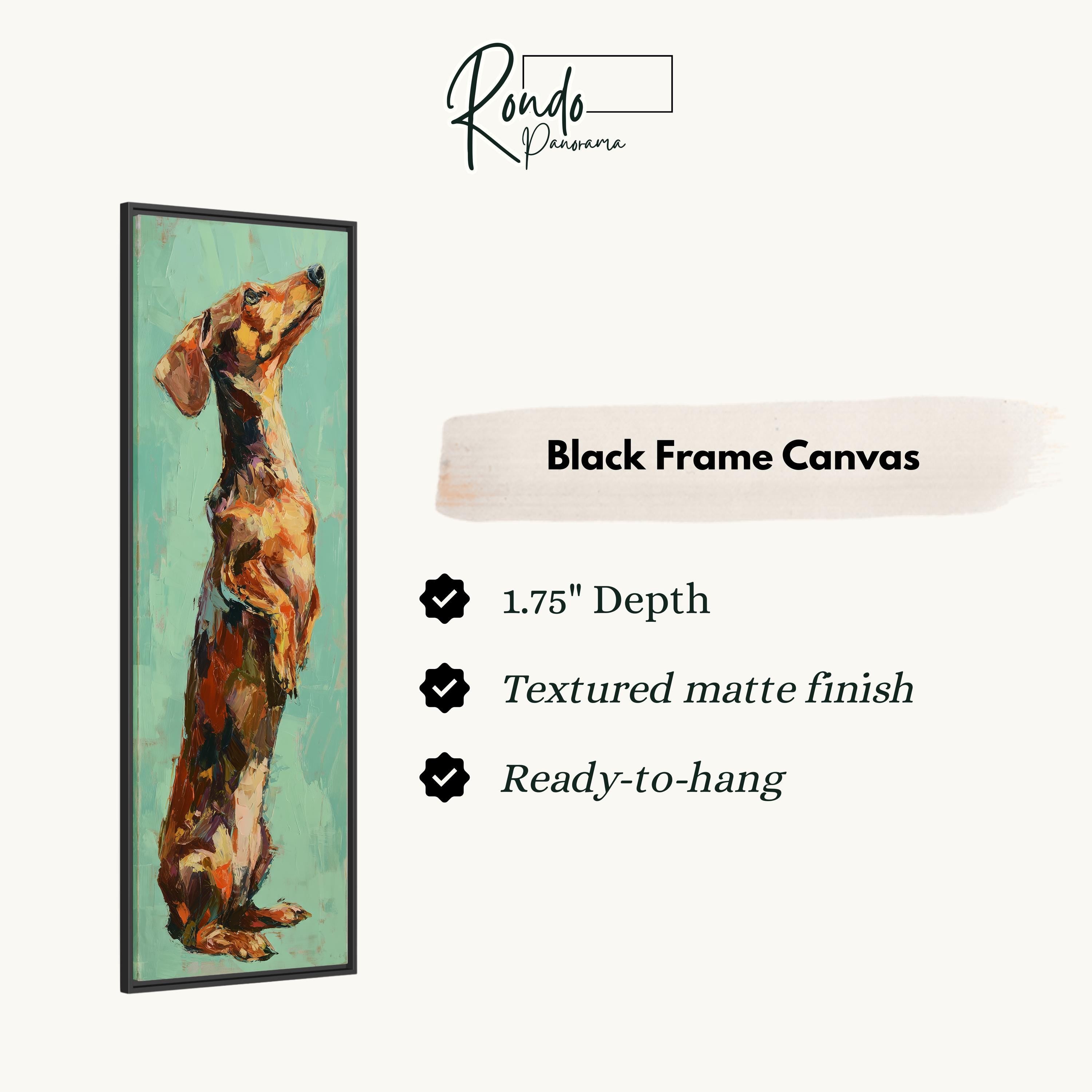 The image is a black frame canvas featuring a painting of a dachshund dog.