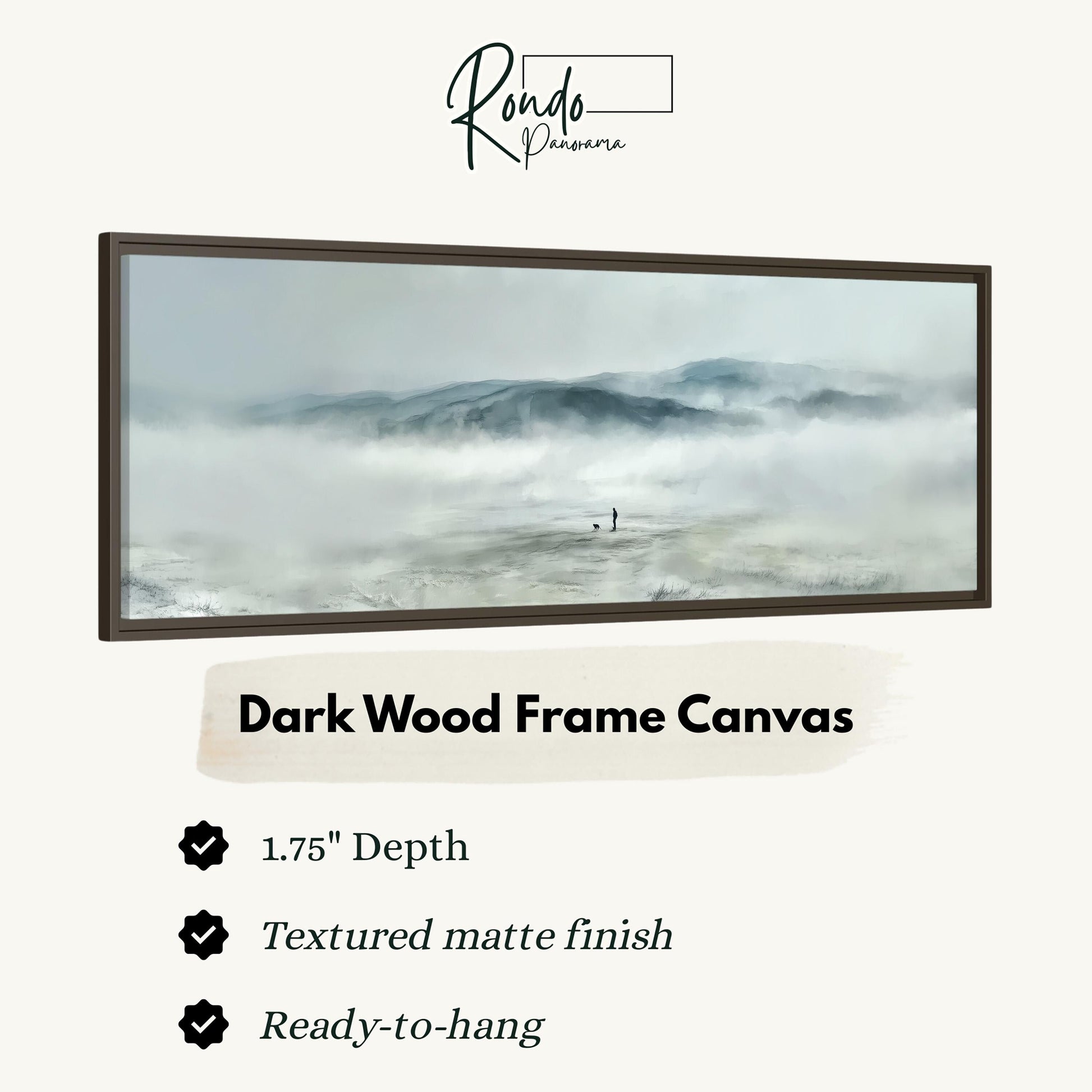 The image is a framed artwork depicting a misty mountain landscape.