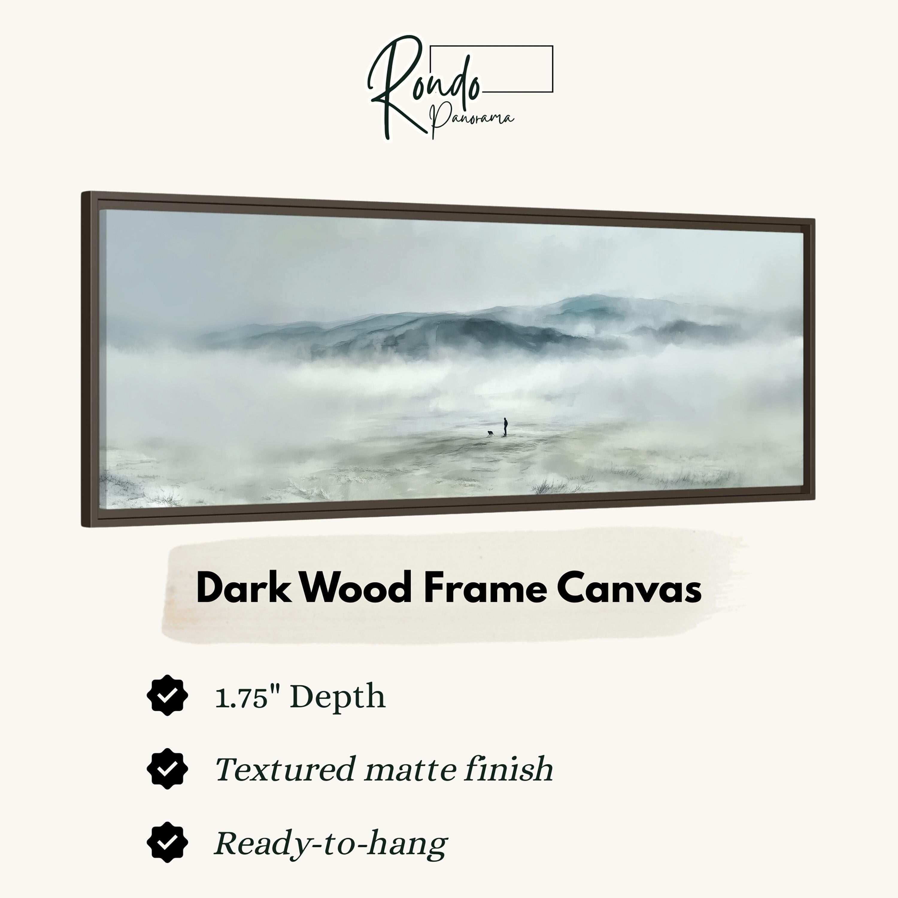 The image is a framed artwork depicting a misty mountain landscape.