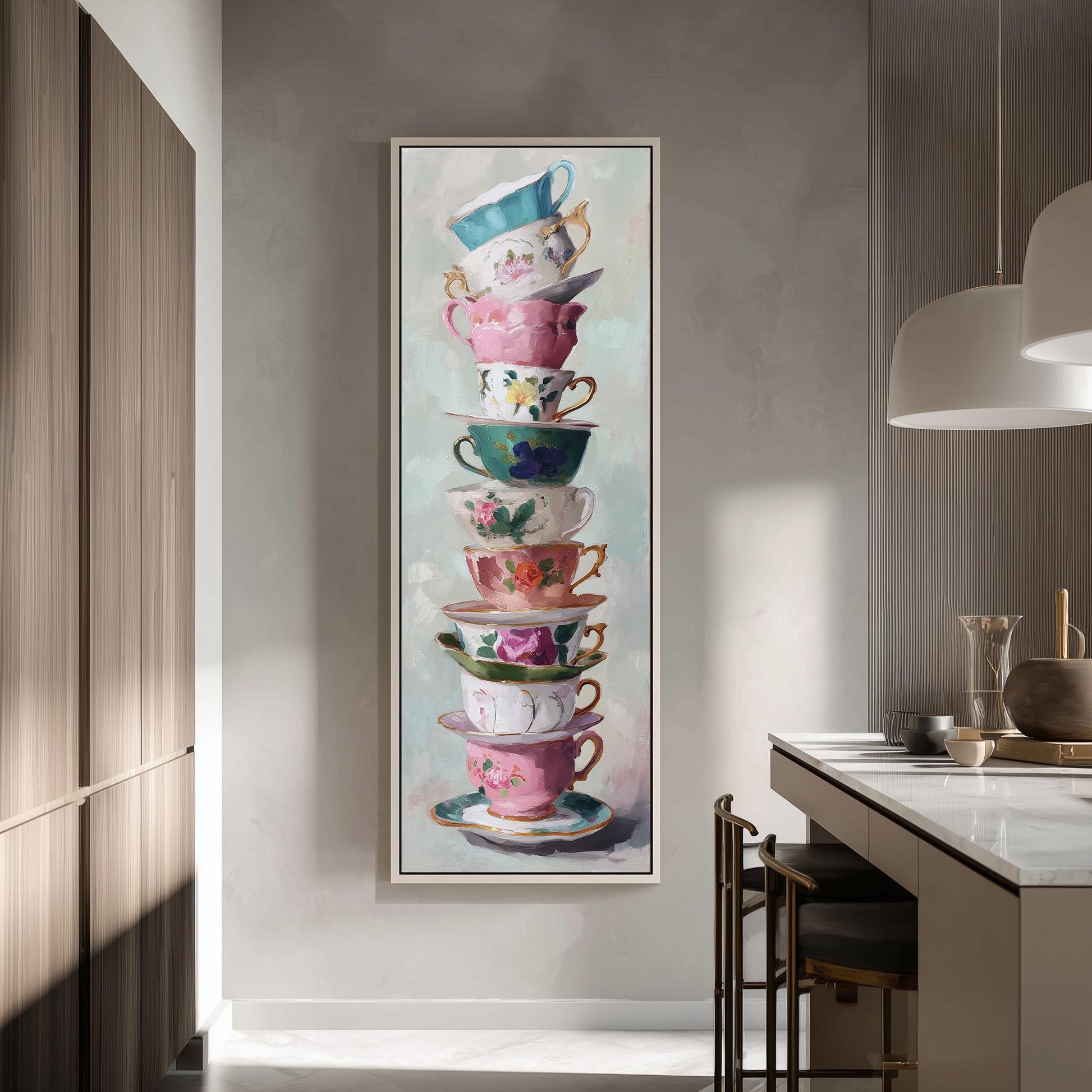 a large, colorful painting of a stack of teacups and saucers on a wall.