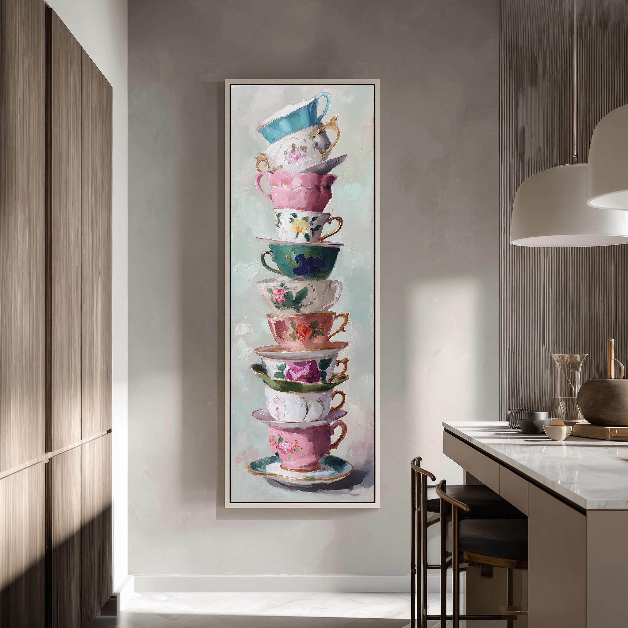 a large, colorful painting of a stack of teacups and saucers on a wall.