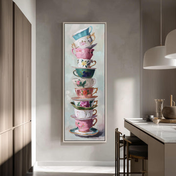 a large, colorful painting of a stack of teacups and saucers on a wall.