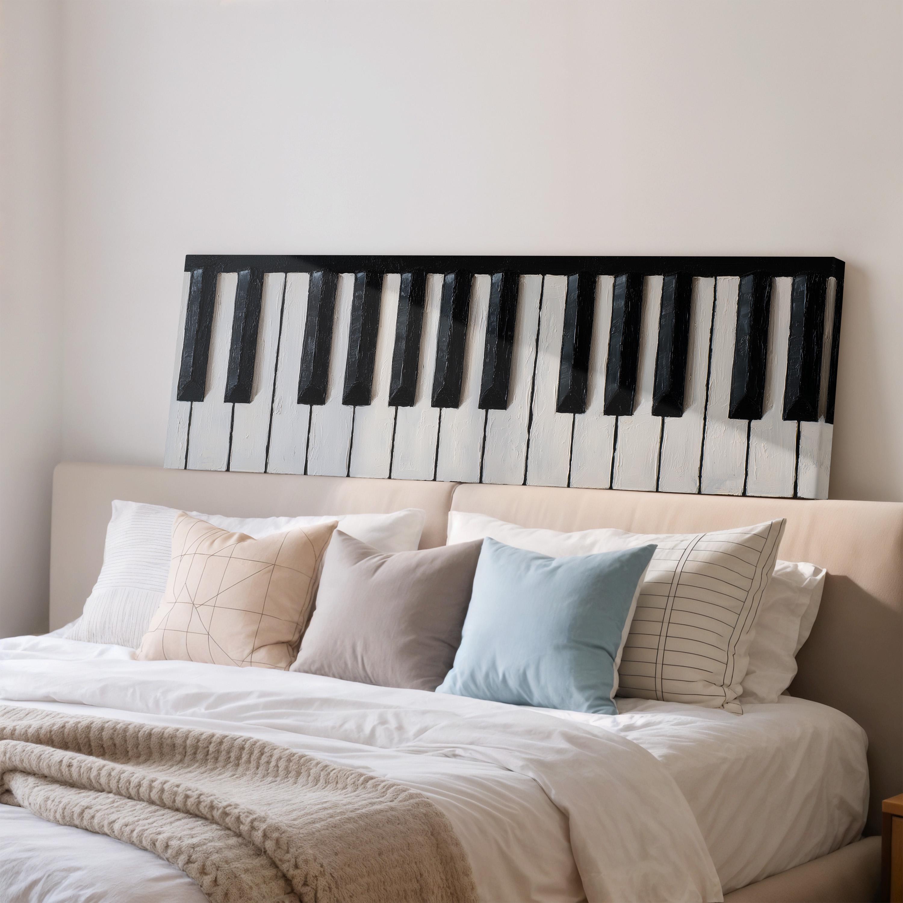 a bedroom with a bed and a large, abstract piano keyboard artwork on the wall above it.
