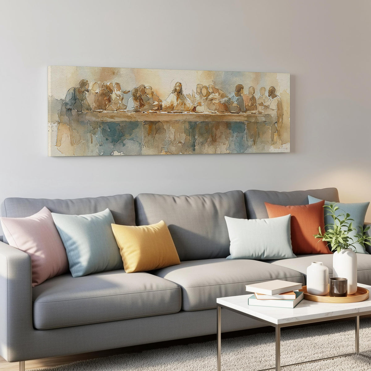The Last Supper in watercolor long horizontal canvas print displayed on a wall