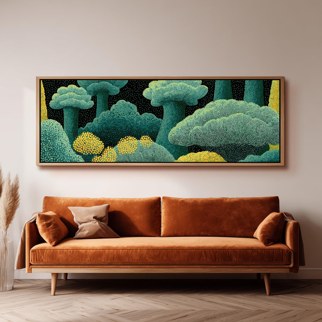 Teal dotted treetops long horizontal canvas print above a sofa in a living room