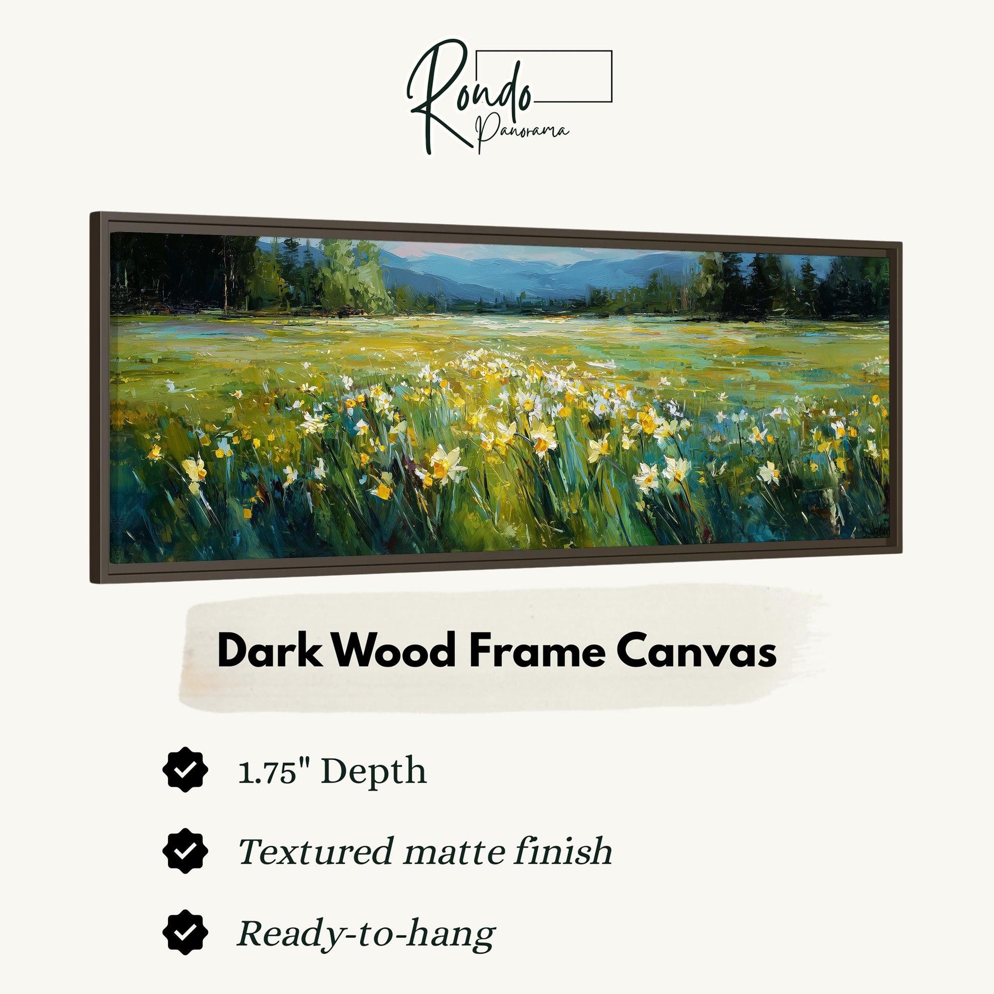 The image is a framed painting depicting a field of flowers with a mountain landscape in the background.