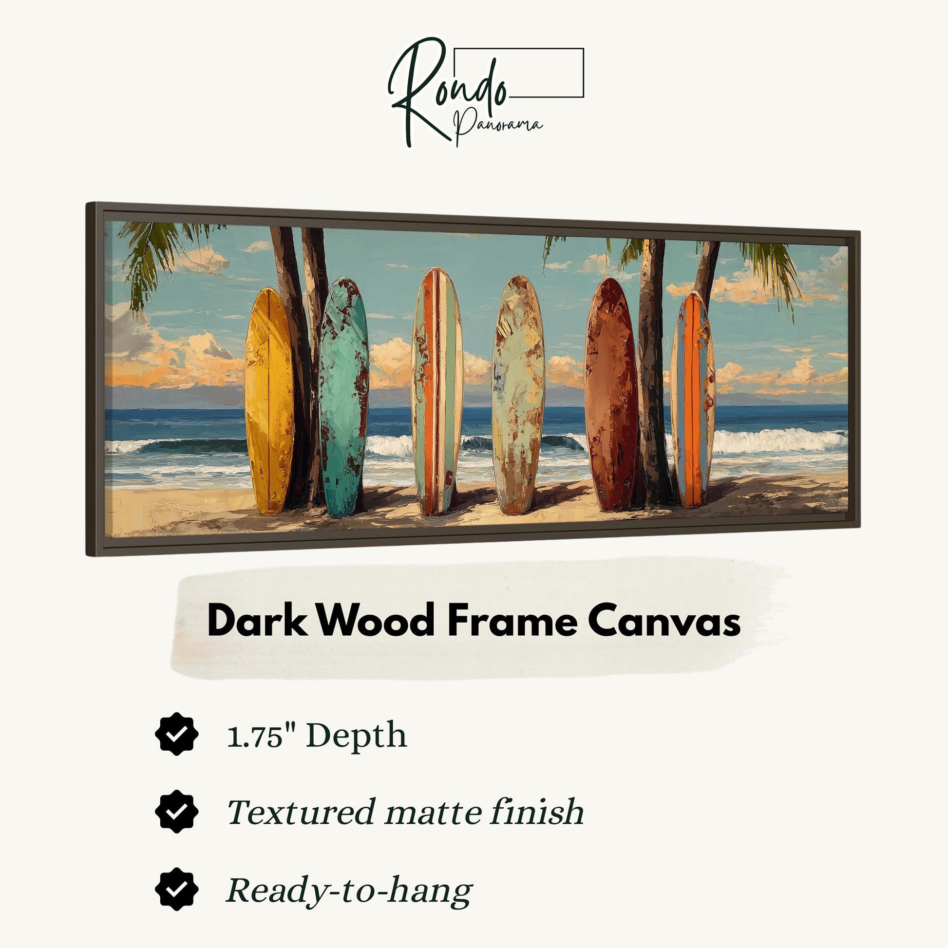 A framed artwork depicting a beach scene with six surfboards lined up on the sand, against a backdrop of palm trees and a sunset sky.