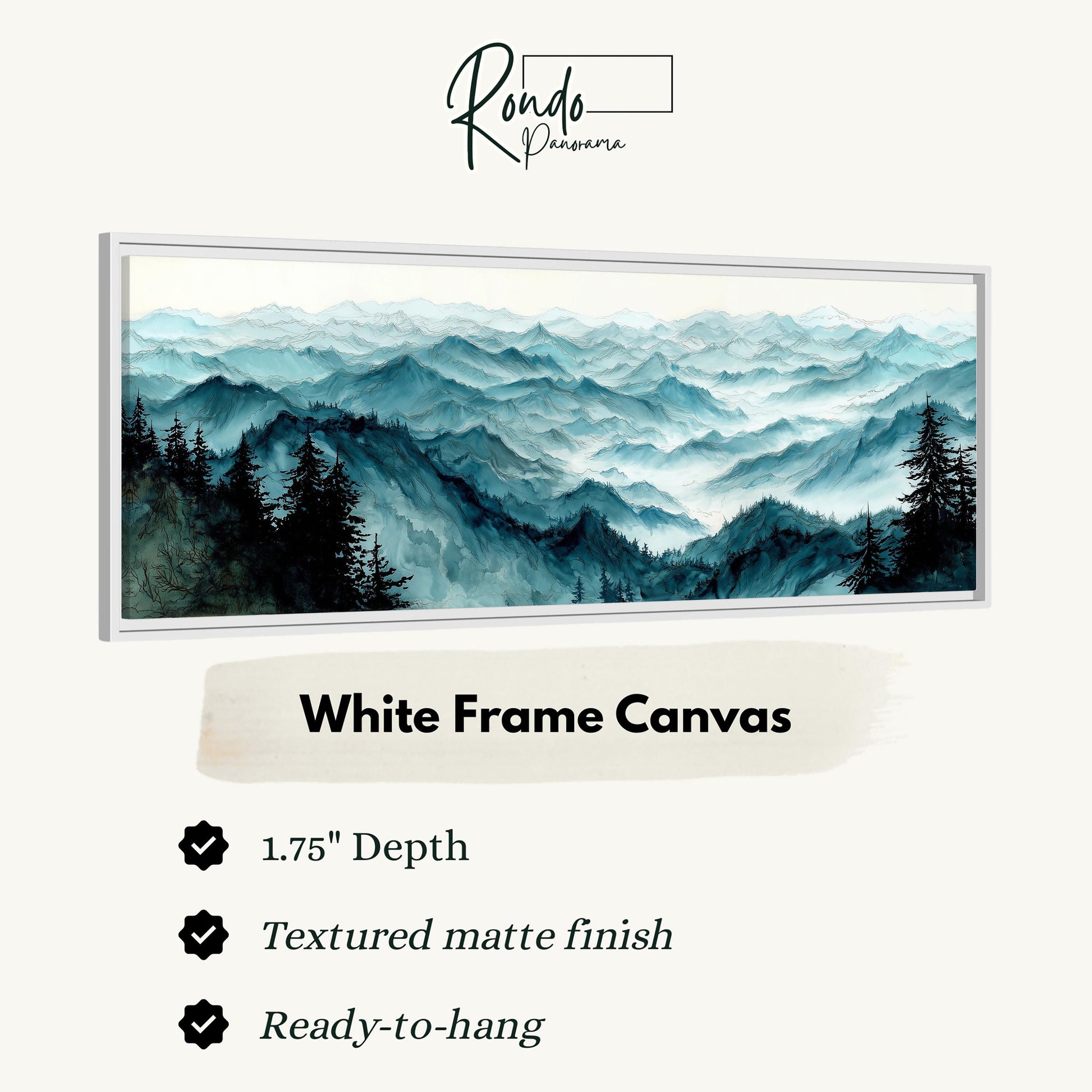 The image is a white frame canvas depicting a mountainous landscape with pine trees.