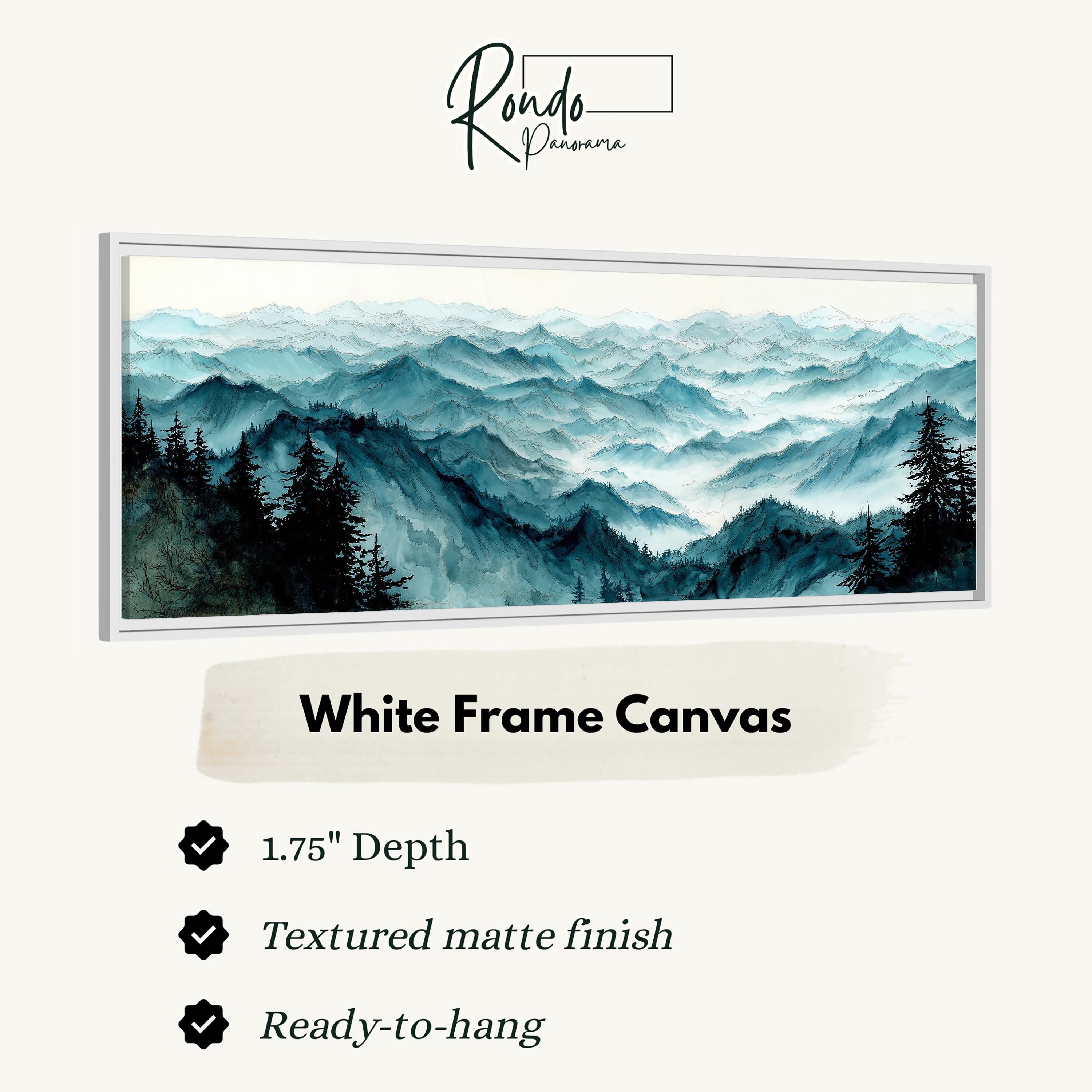The image is a white frame canvas depicting a mountainous landscape with pine trees.