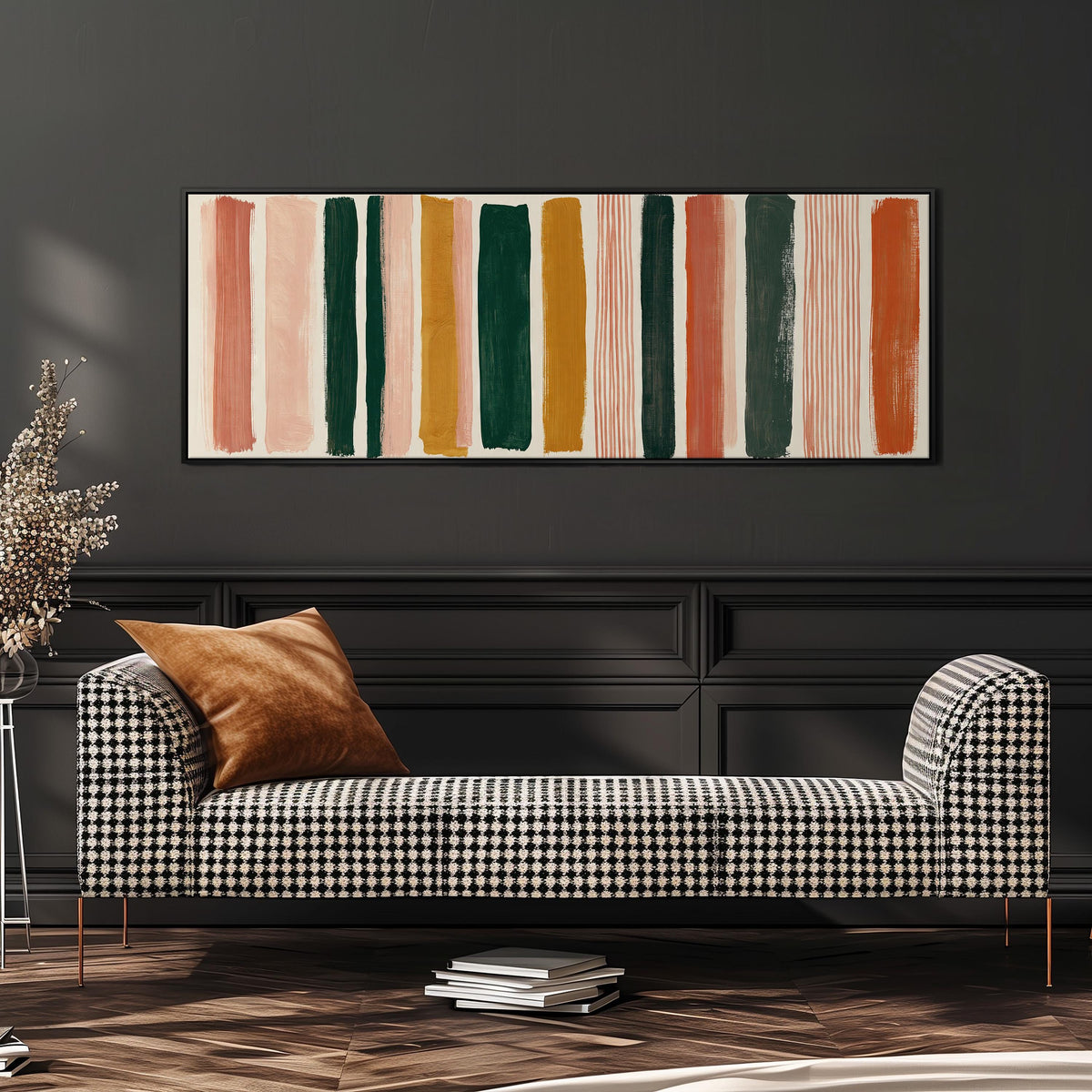 Mixed stripe blocks in terracotta, pink and green long horizontal canvas print above a dining table