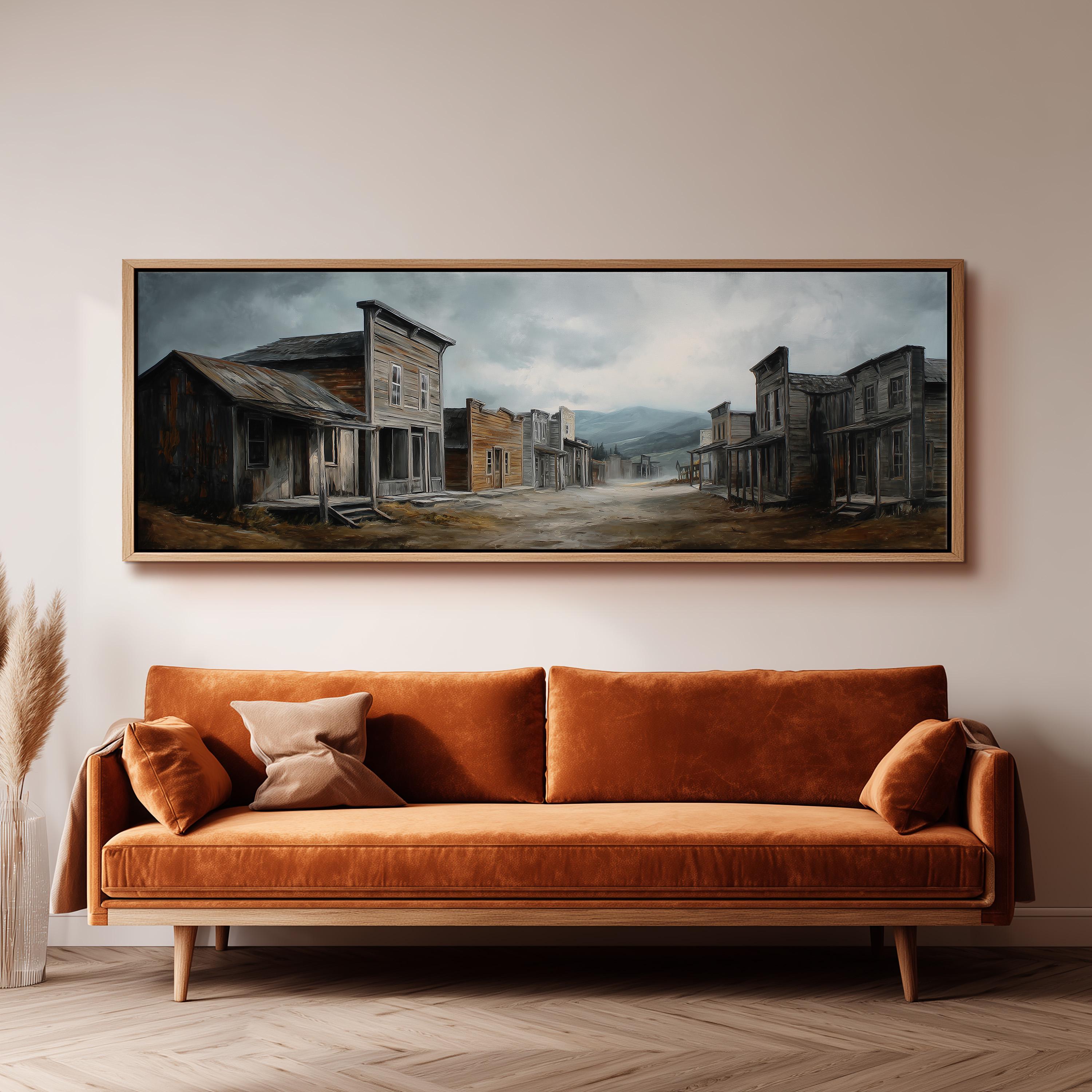 a large painting of a town scene hanging on a wall above a brown sofa.