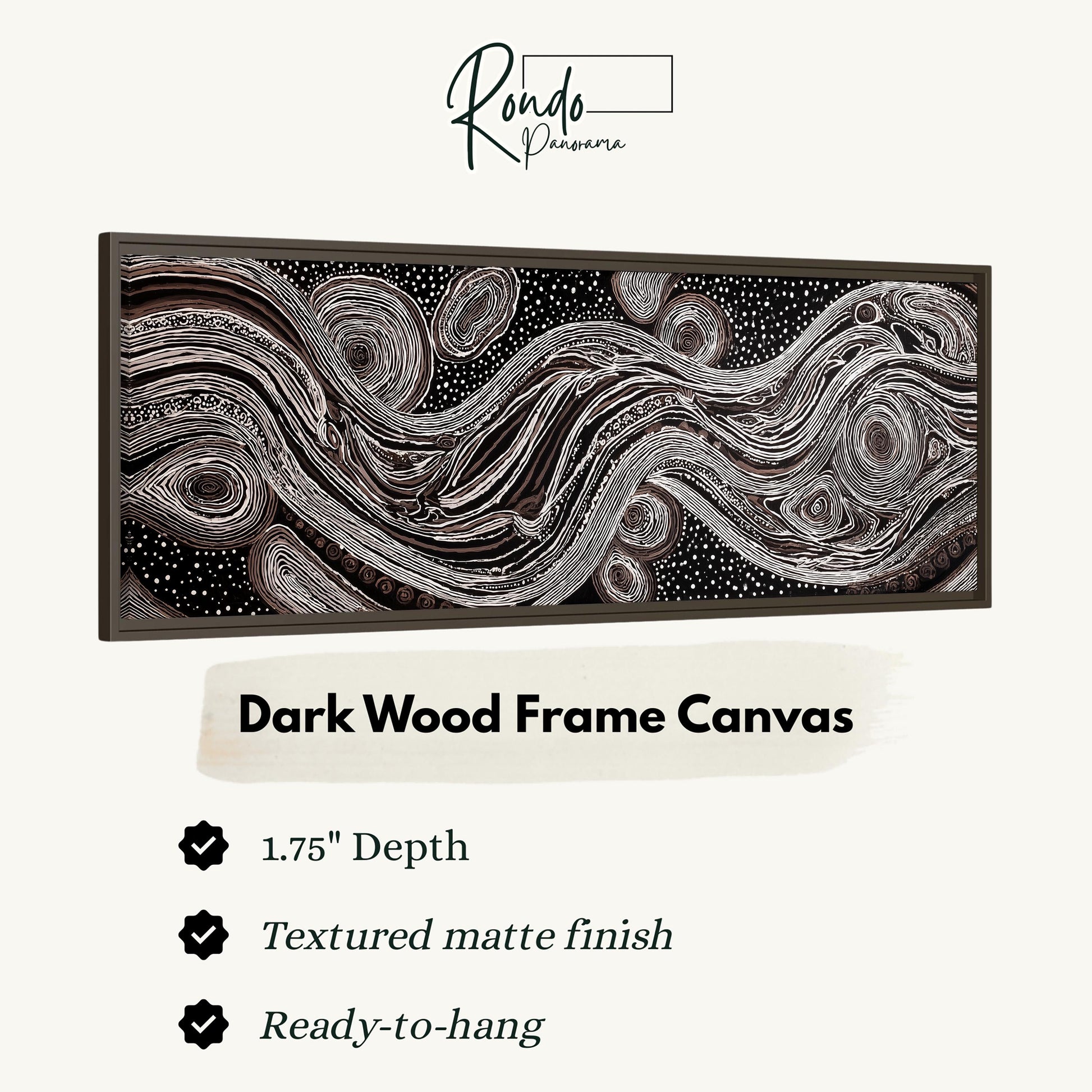 The image is a dark wood frame canvas with a textured matte finish, measuring 1.75" in depth. It is ready to hang and has a textured matte finish.