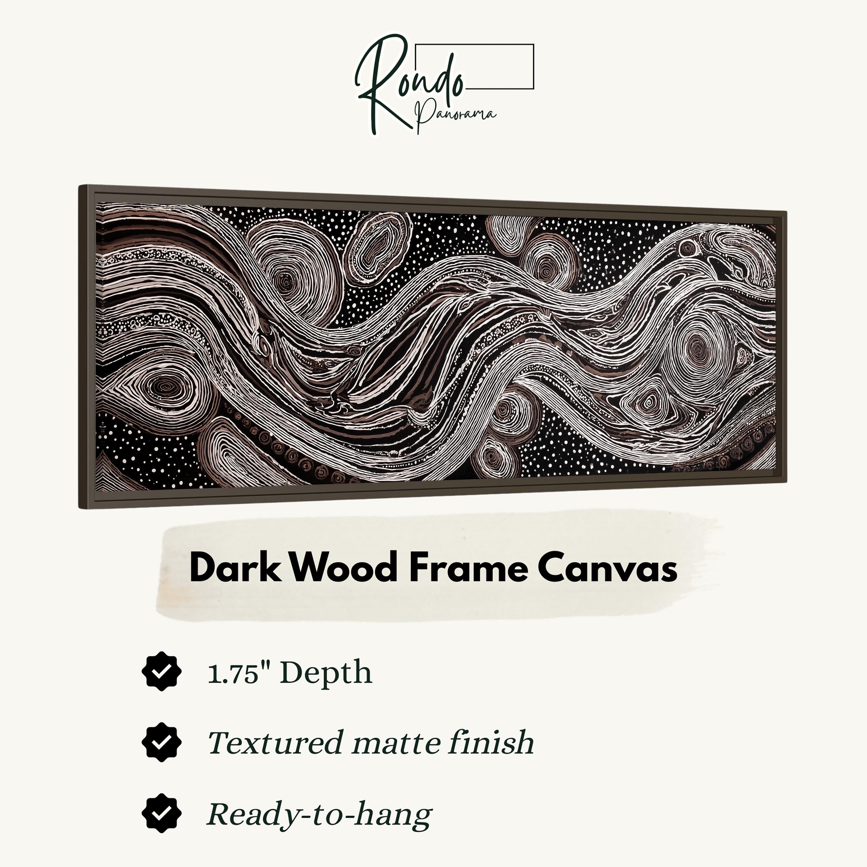 The image is a dark wood frame canvas with a textured matte finish, measuring 1.75" in depth. It is ready to hang and has a textured matte finish.