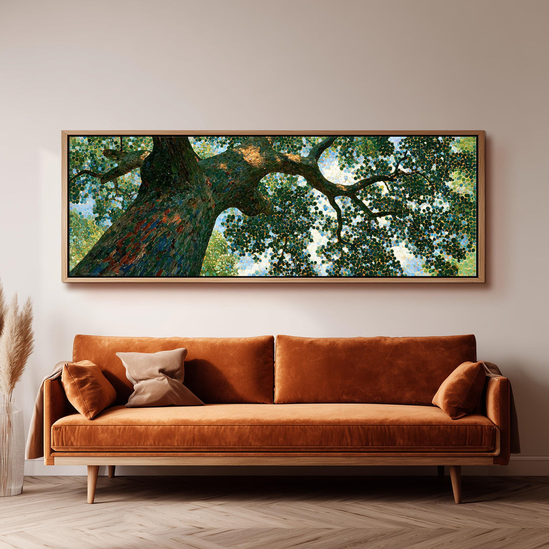 Looking up into an oak canopy long horizontal canvas print above a sofa in a living room