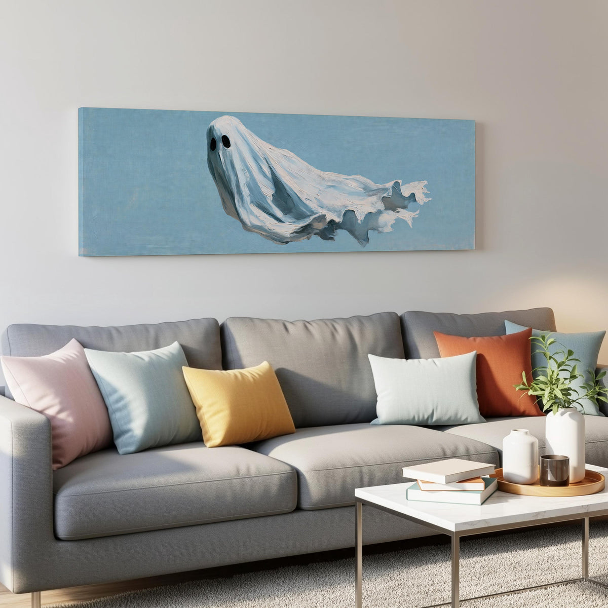 Drifting ghost spirit panoramic canvas print above a grey sofa in a living room