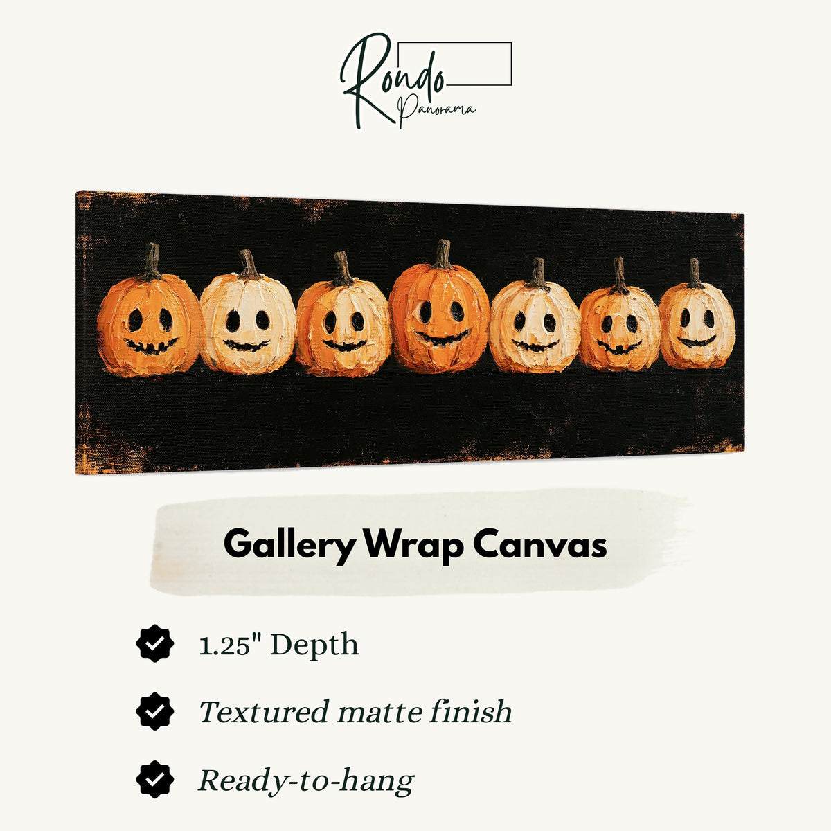 Row of smiling jack-o'-lanterns gallery wrap canvas with the image wrapped around the edges