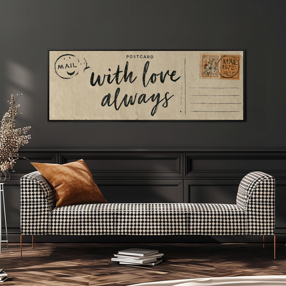 Vintage postcard saying with love always wide panoramic canvas print above a bench in a dark living room