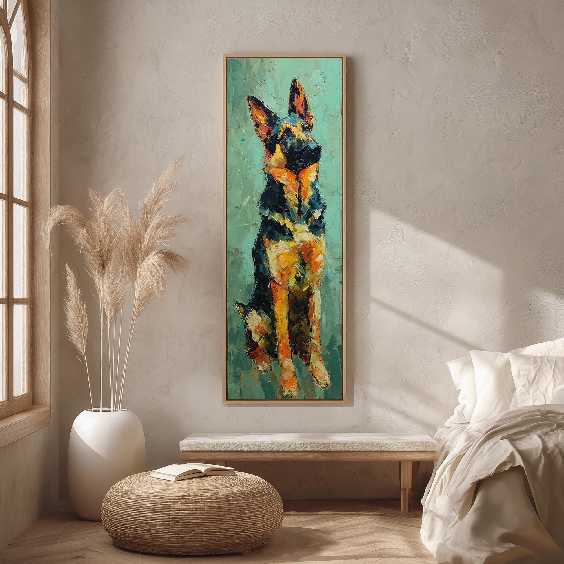 a large painting of a German Shepherd dog hanging on a wall in a cozy living room setting.