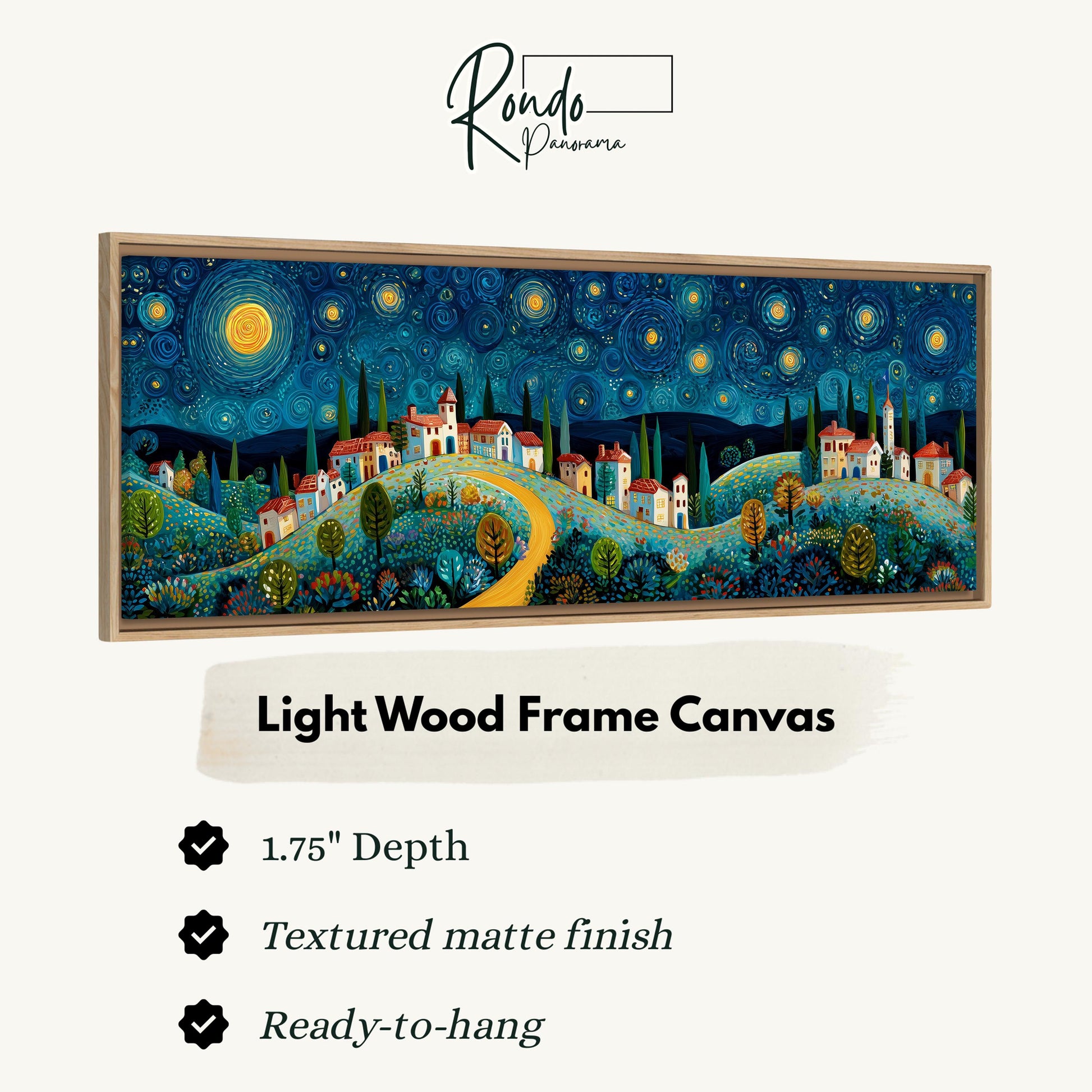 The image is a framed canvas depicting a night sky with stars and a village landscape.