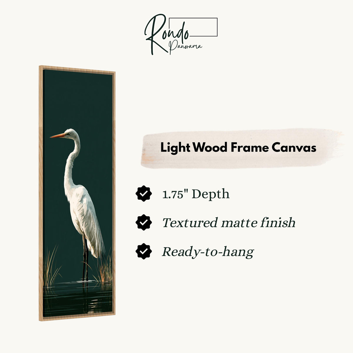 Great egret standing on dark green canvas print in a light wood floating frame