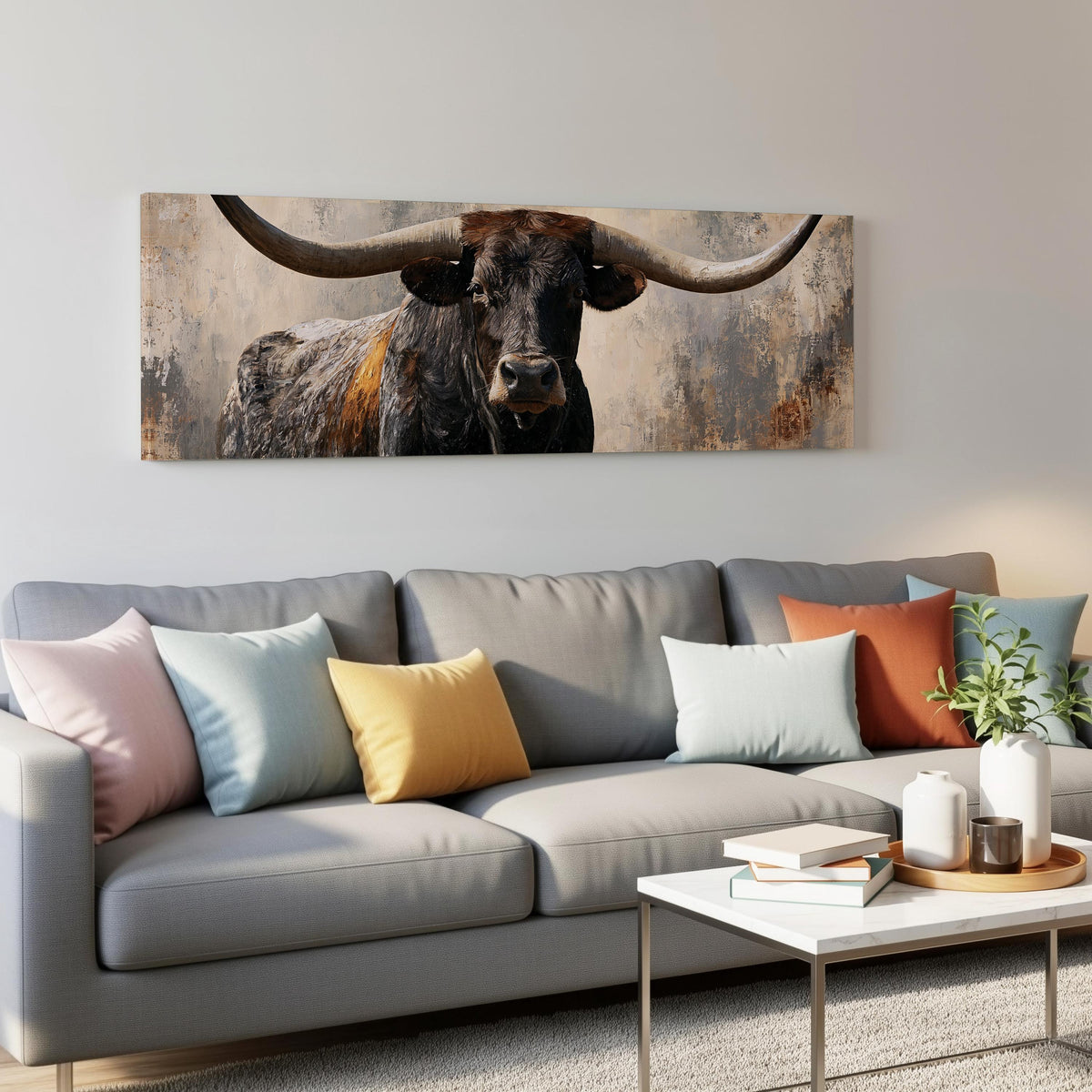 Longhorn bull portrait panoramic canvas print above a grey sofa in a living room