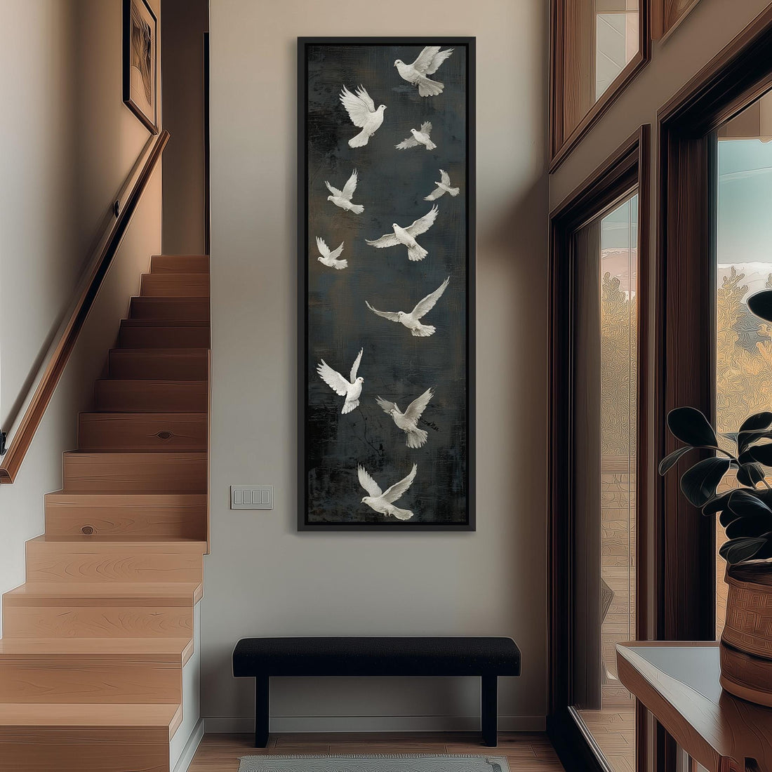a hallway with a large painting of white birds in flight hanging on the wall. The painting is framed and appears to be a focal point in the space. The hallway has a wooden staircase leading up to the painting, and there is a bench in the foreground. The overall atmosphere of the image is calm and serene, with the white birds and the painting creating a sense of tranquility.