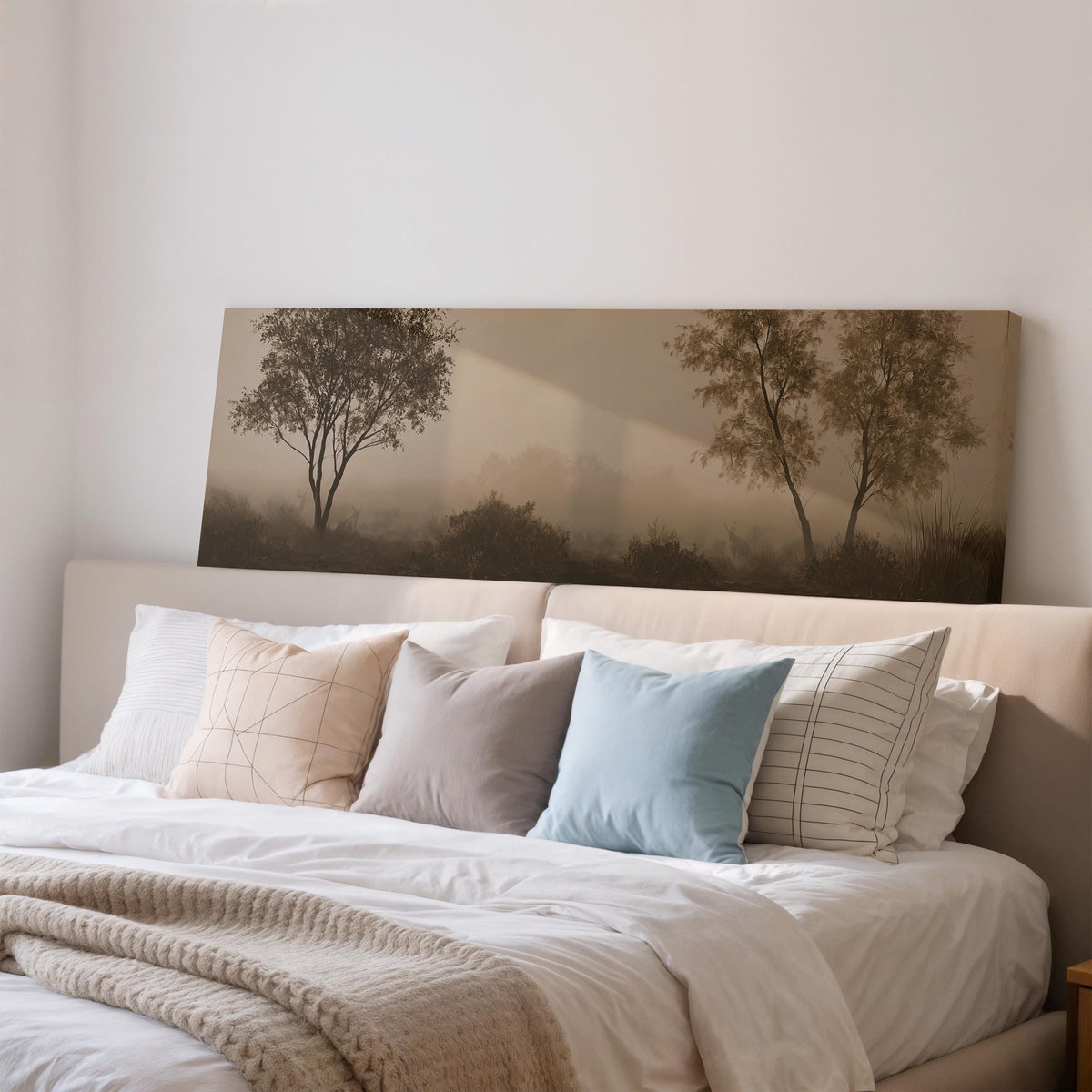 Two trees in sepia fog wide panoramic canvas print above a bed in a bedroom